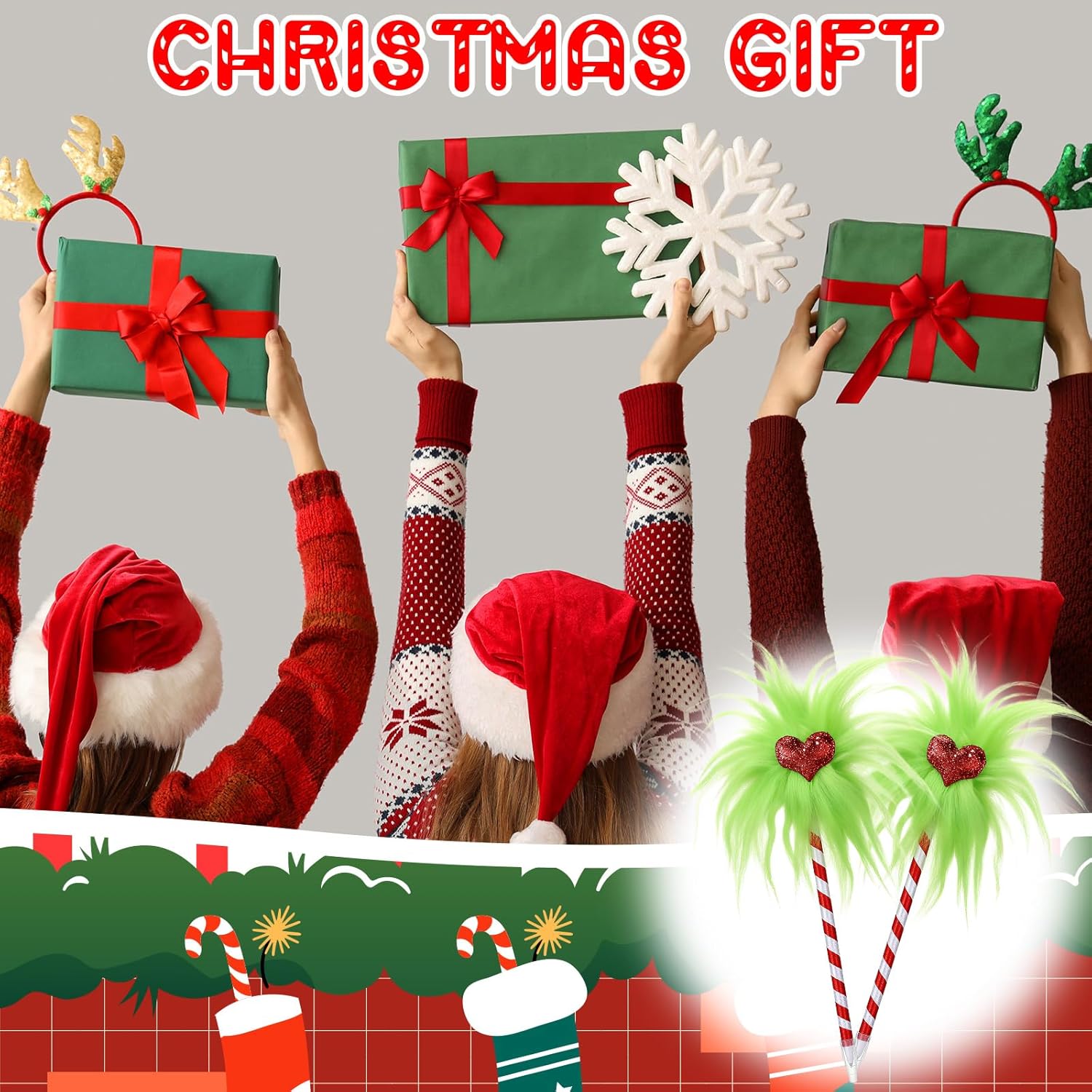 Sabary 24 Pcs Christmas Green Ballpoint Pens Cute Green Furry with Red Heart Pens Fun Novelty Pen Pom Pom Pen for Xmas Holiday Festive Party Favors Gift Students Office
