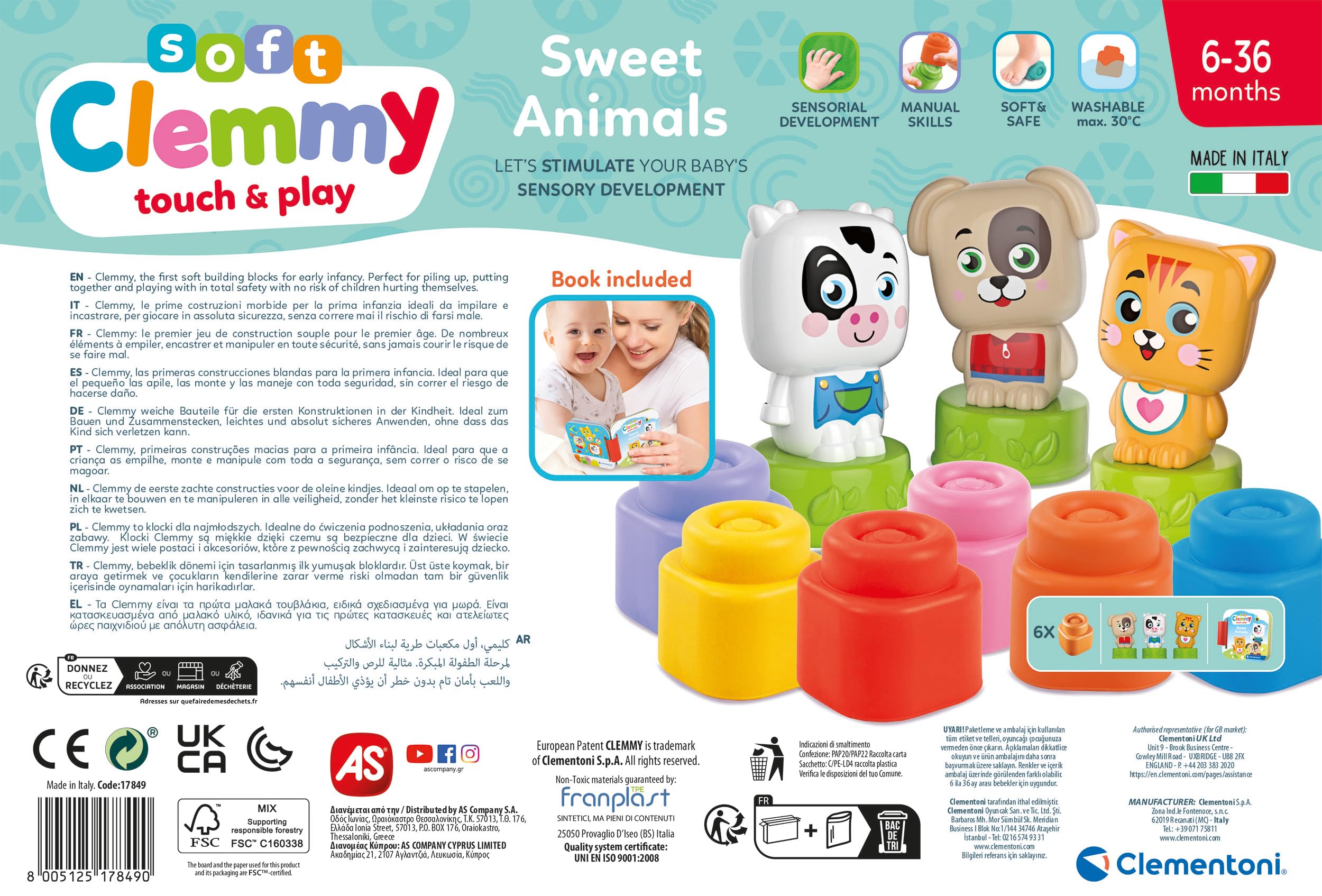 Clementoni - 17849 - Soft Clemmy - Sweet Animals Book Playset - Zabawka Konstrukcyjna Dla Dzieci Od 6 Miesięcy, Miękkie Klocki
