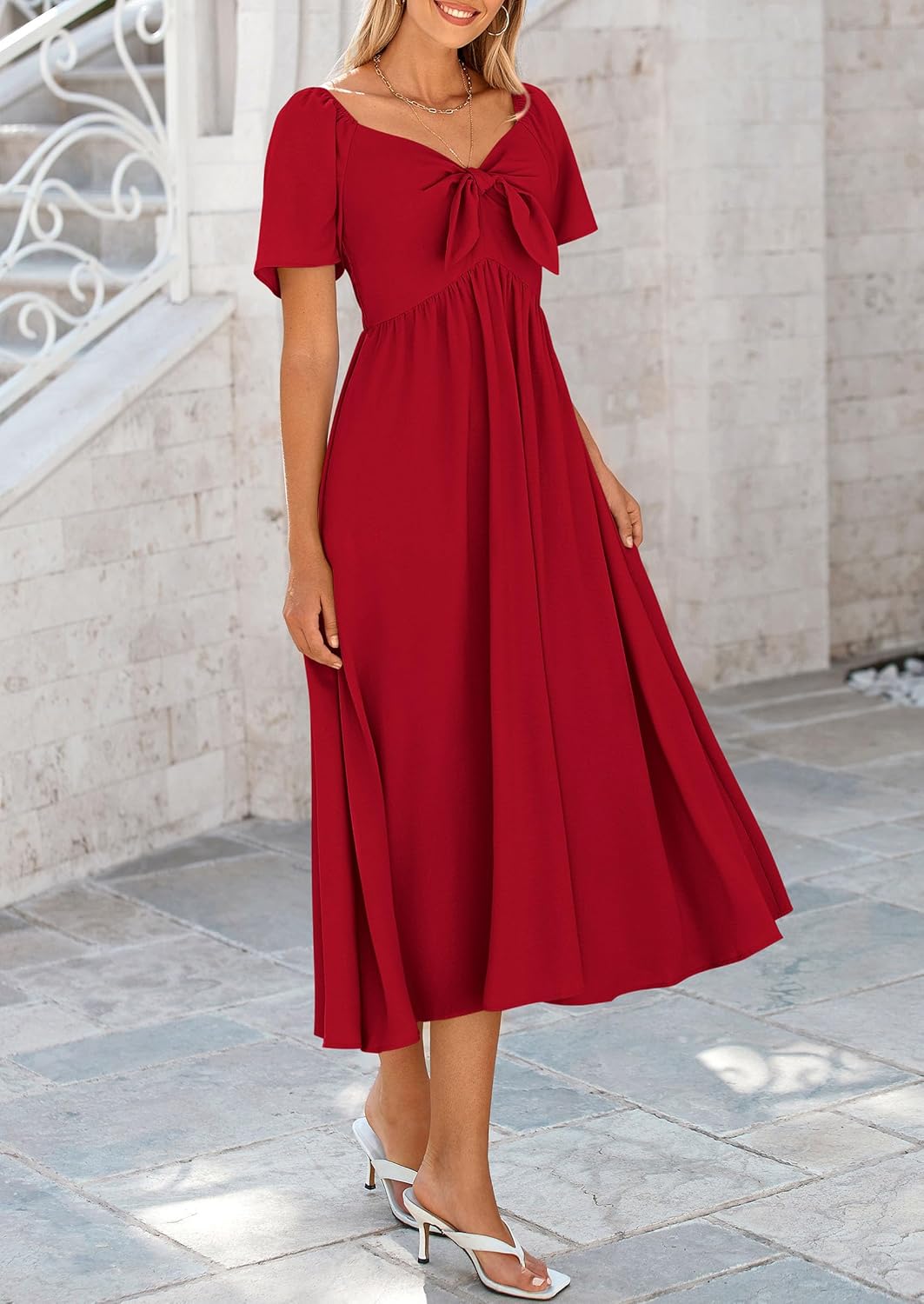 PRETTYGARDEN Summer Dress for Women 2026 Casual Short Sleeve Bow Tie V Neck Ruffle Midi Flowy Dresses - Image 4