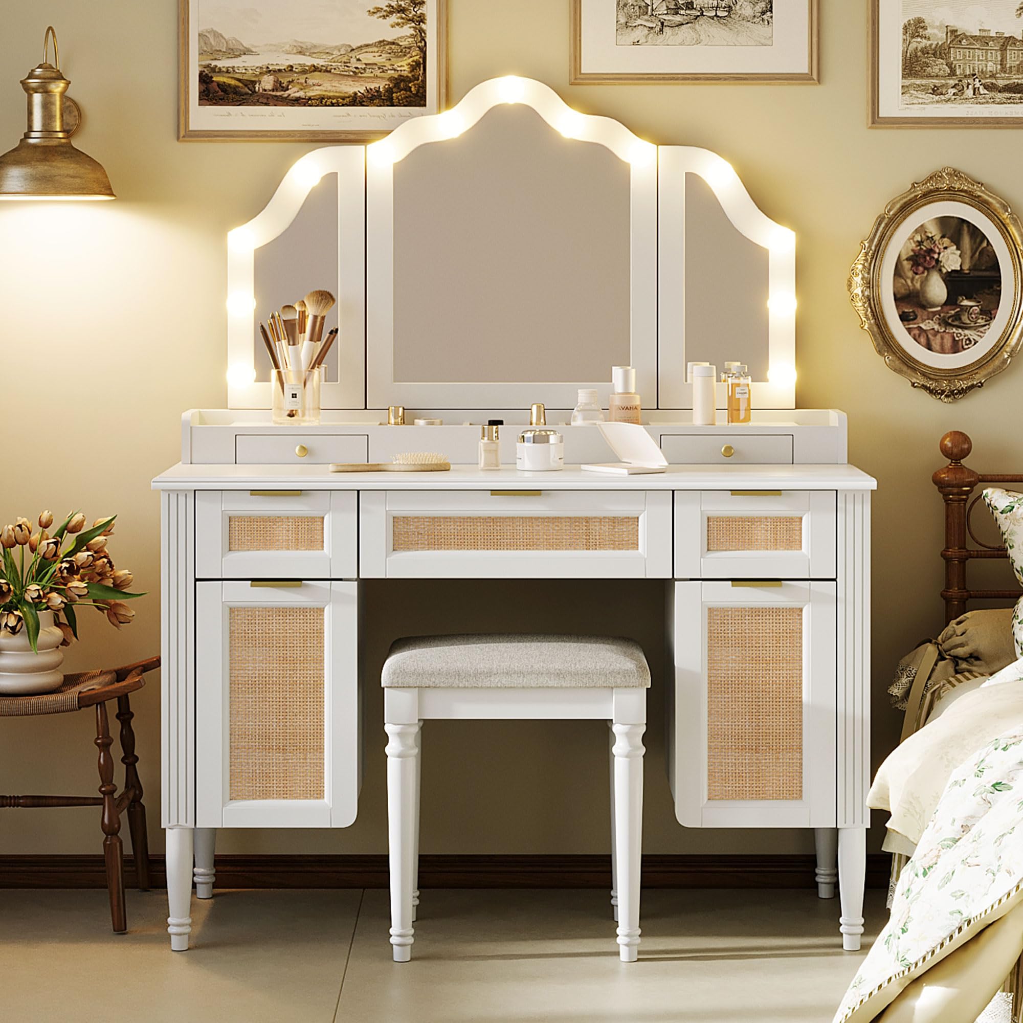 JIVOIT 44.37" Makeup Vanity Desk with Tri-Fold Mirror, Large Vanity Table with 5 Drawers and Shelves and 2 Cabinets, Dressing Table, Easy Assembly