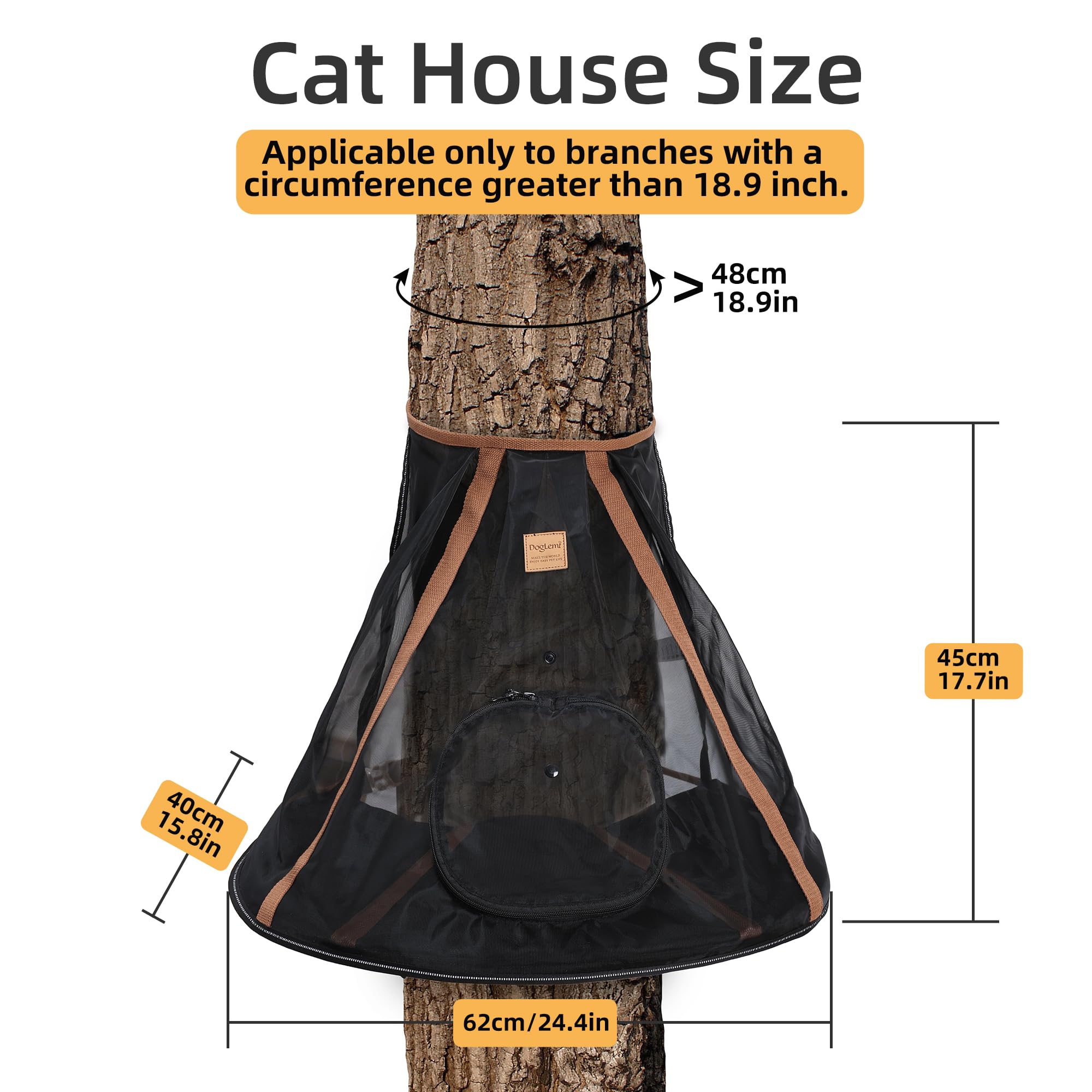 Kegelförmige Katzenhängematte für den Außenbereich, atmungsaktives Netzgewebe mit aufrollbarer Tür, tragbares, faltbares Katzenbett zum Aufhängen, für Bäume über 48 cm