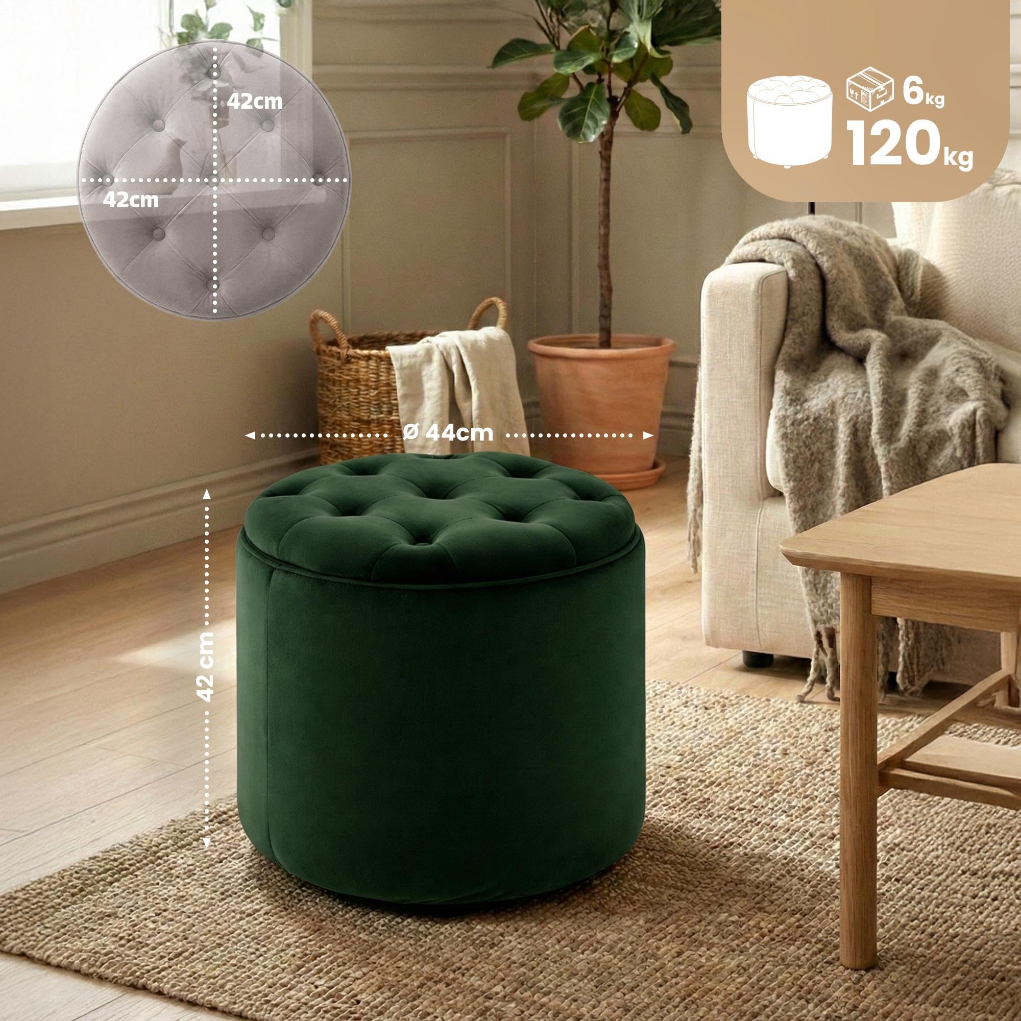 CLP Tabouret Rond avec Espace de Rangement Pantin Pouf capitonne en Velours Style Chesterfield pour Salon et Chambre | Couleur Vert
