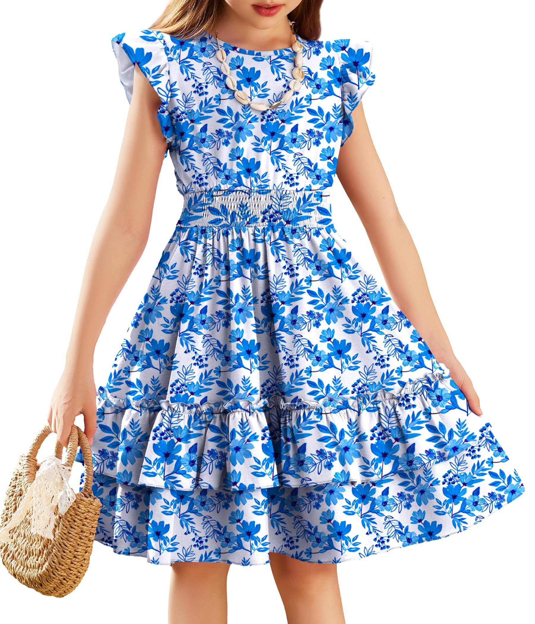 Arshiner Robes Filles Manches Flottantes Enfants d'été Coton Robe Loisir Elégante sans Manches Robes pour Filles 5-14 Ans