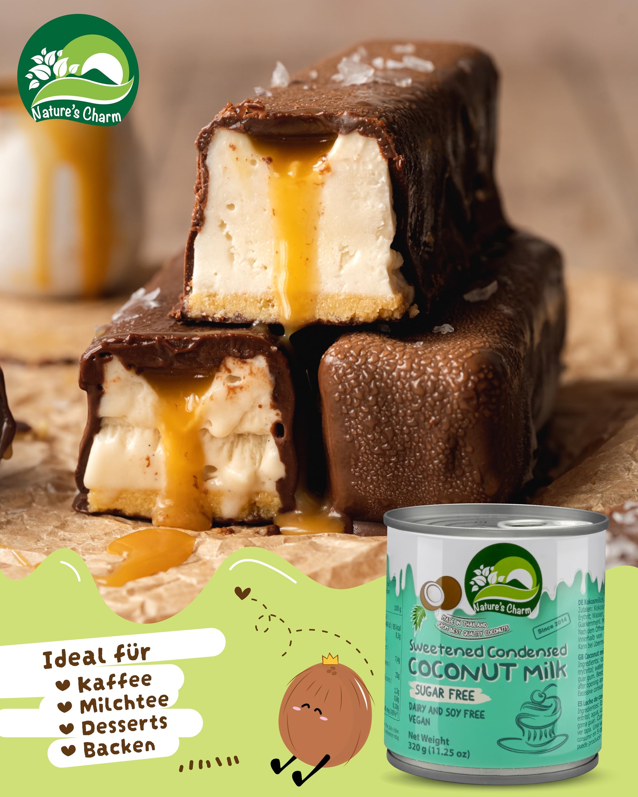 Nature’s Charm eingedickte, gesüßte Kokosnussmilch mit Erythrit I Vegane Kokosmilch ohne Zuckerzusatz I Ideal zum Backen, für cremige Desserts, Kaffee und Tee I 6 x 320 g