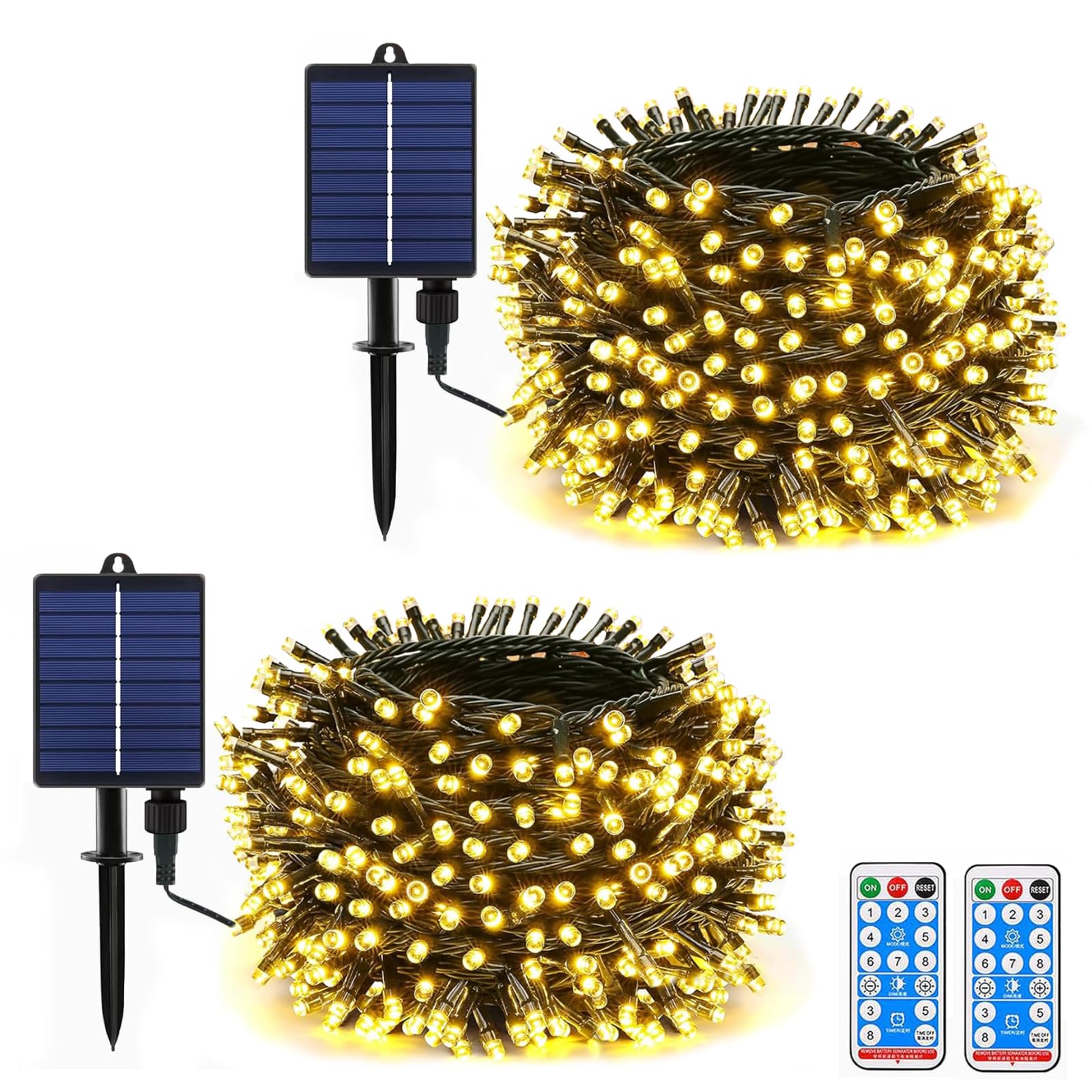 Catena di luci solari per esterni, 2 set, 30 m, 300 LED, con telecomando, 8 modalità, timer, cavo USB, dimmerabile, resistente alle intemperie, per balcone, Natale, bianco caldo