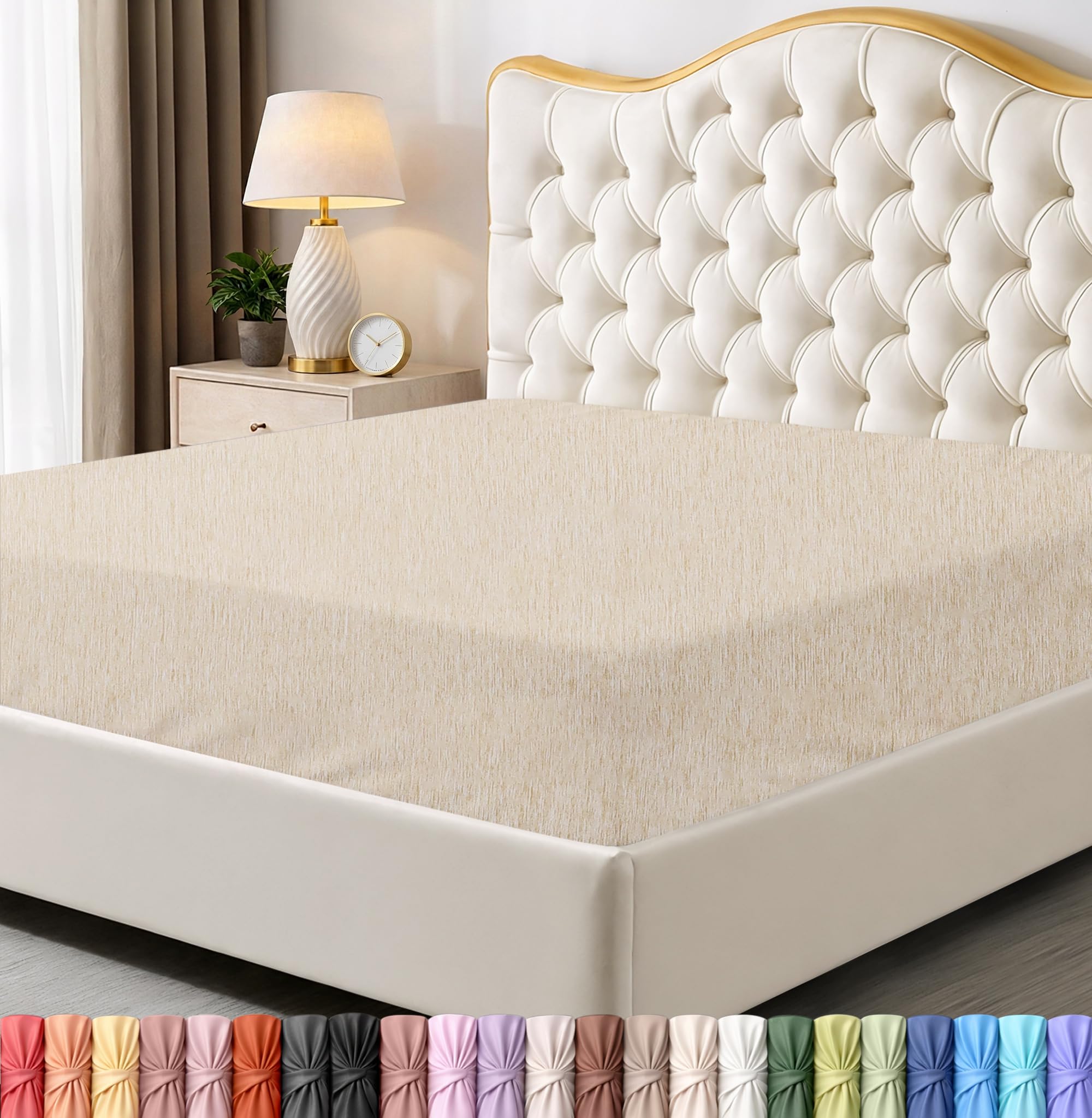 Queen Fitted Sheet, Ultra Soft Fits Up to 15 Inch Deep Pocket, Slub Beige