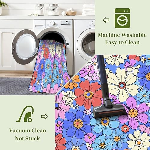 Miniatura 5 de Alfombra colorida estilo retro de los años 60 y 70 dibujada a mano, floral, lila, púrpura, flores, alfombra de juego para exteriores, alfombra de