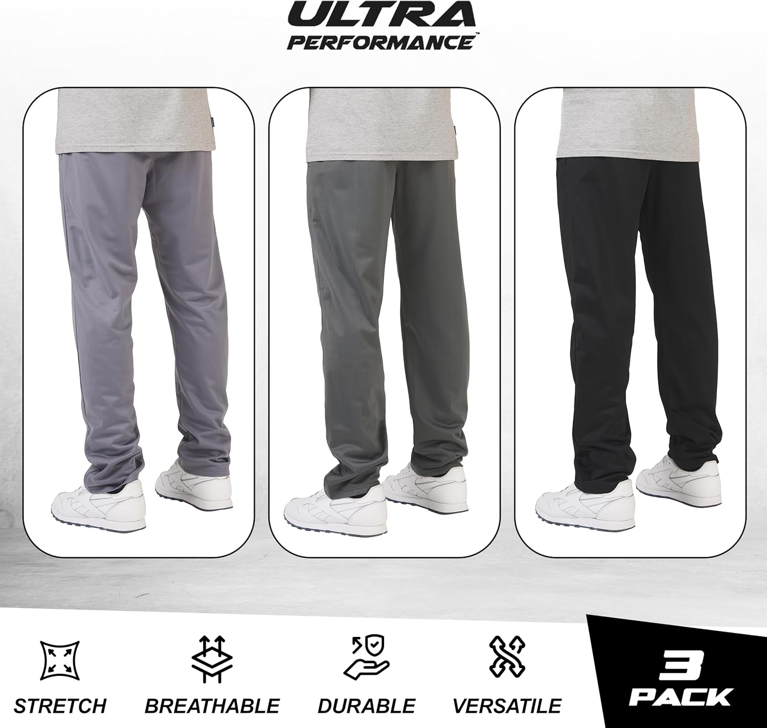 Ultra Performance 3 Pack Mens Athletic Open Bottom Sweatpants Active Track Pants Casual Tricot Wide Leg Sweat Pants for Men - Image 5