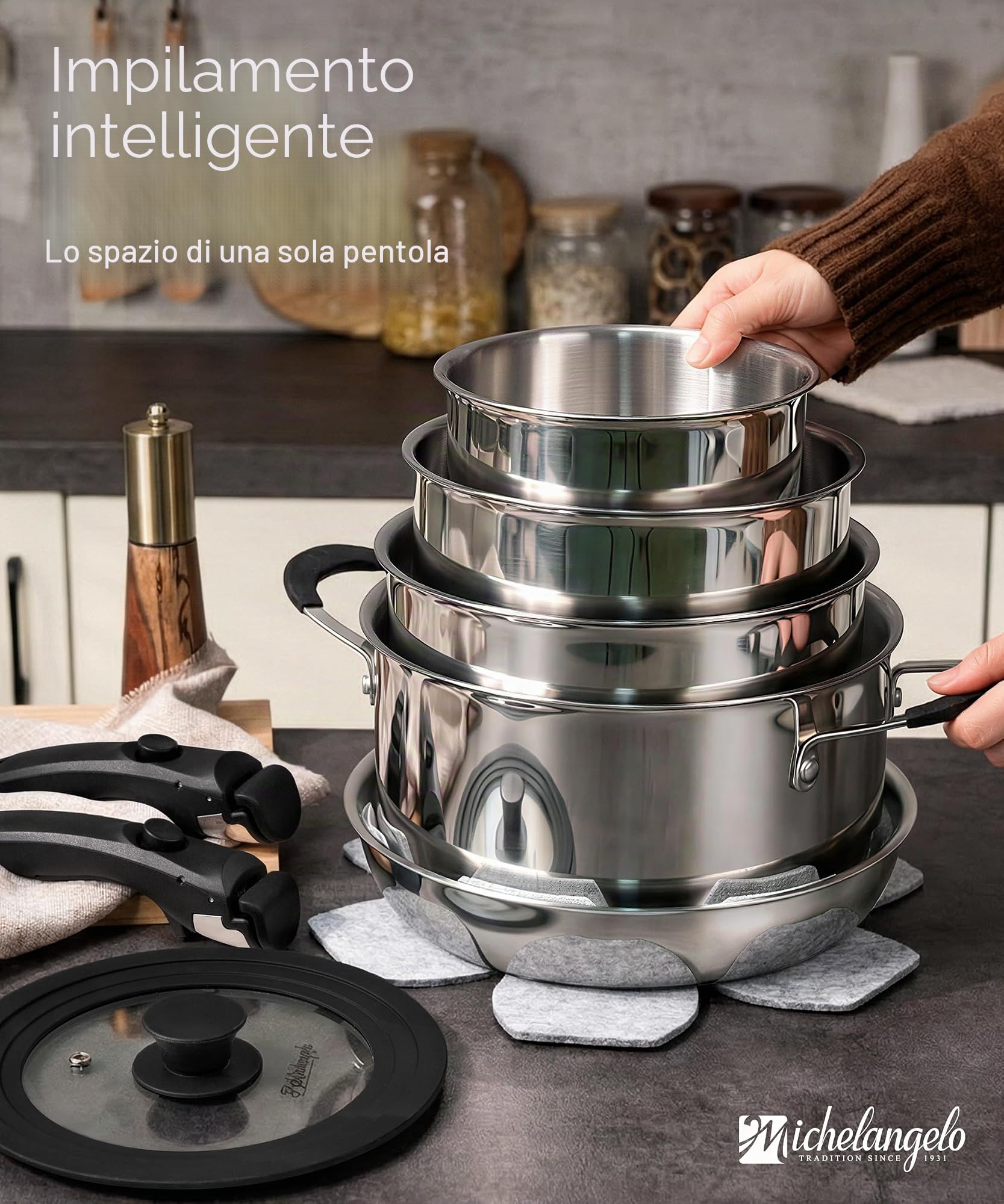 Michelangelo Set da 14 pentole in acciaio inox a tre strati con manico staccabile, set di pentole da cucina a induzione, pentole e padelle adatte al forno, impilabili per camper e campeggio
