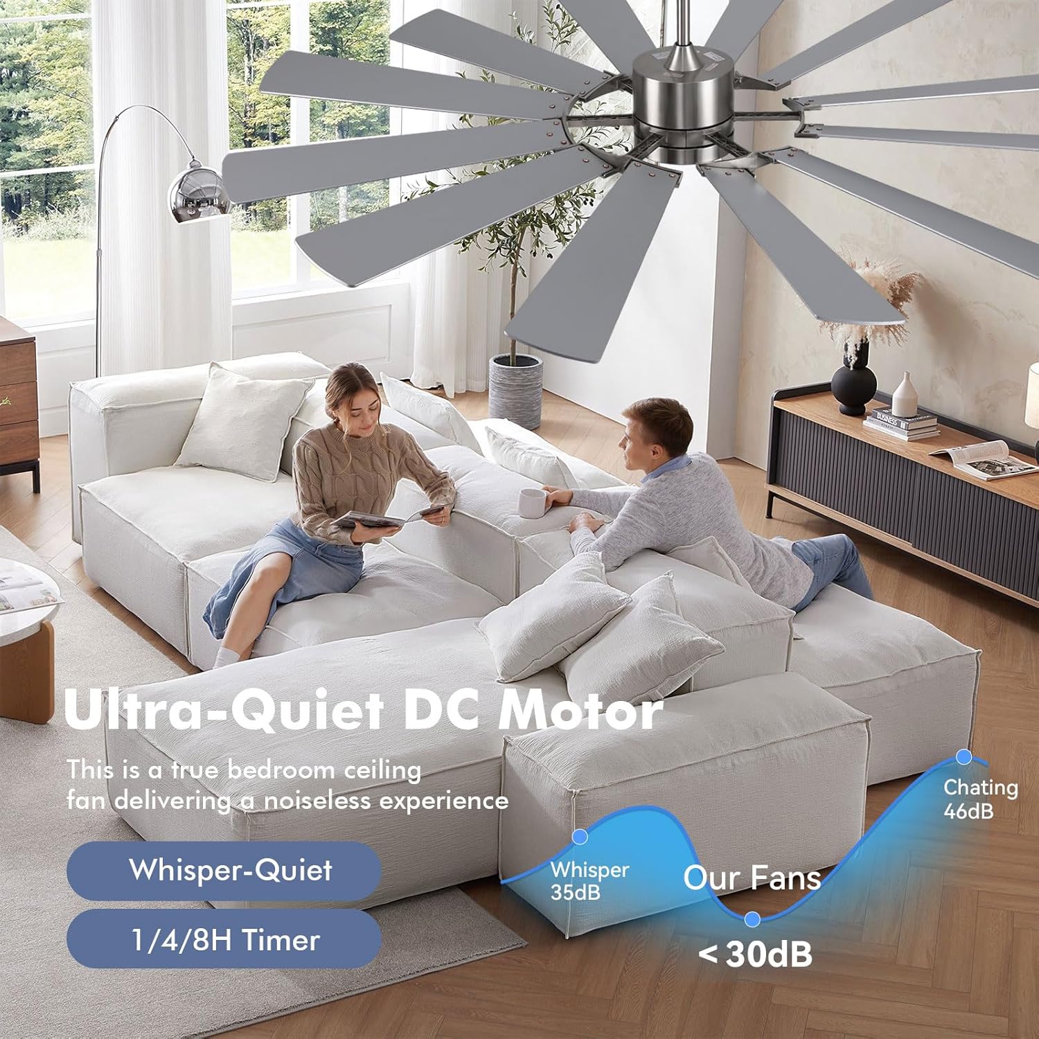 62 Inch Ceiling Fan with Light Remote, Modern Farmhouse Industrial 12 Blade(Sliver/Oak), High CFM Quiet Reversible DC Motor, Damp Rated Indoor Outdoor Ceiling Fans for Patios Garage Porch Barn Gym