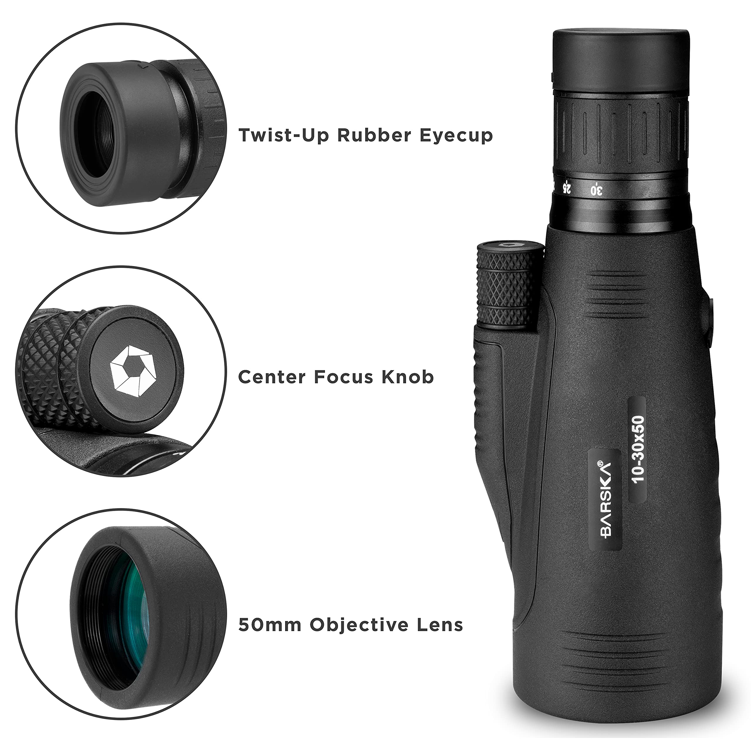 BARSKA Monocular de precisión de 10-30 x 50 mm para observación de Aves, Viajes, Caza, Paseos en Bote y Camping.