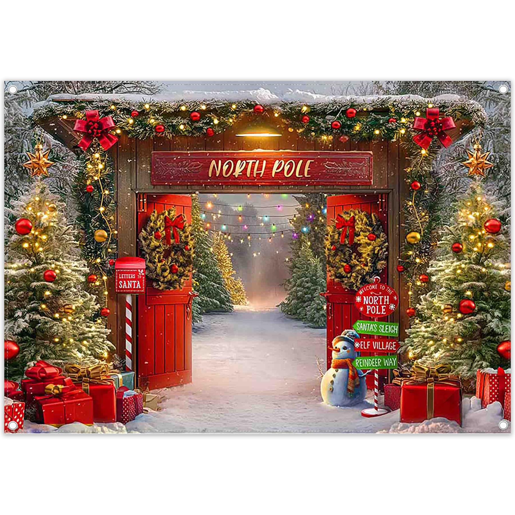 Luminora 2,4 x 1,8 m Pôle Nord Porte en Bois du Père Noël Toile de Fond | rouge Maison Village de fées Forêt enneigée Renne Arrière-plan Hiver Joyeux Noël Décor Fête Photo Bannière
