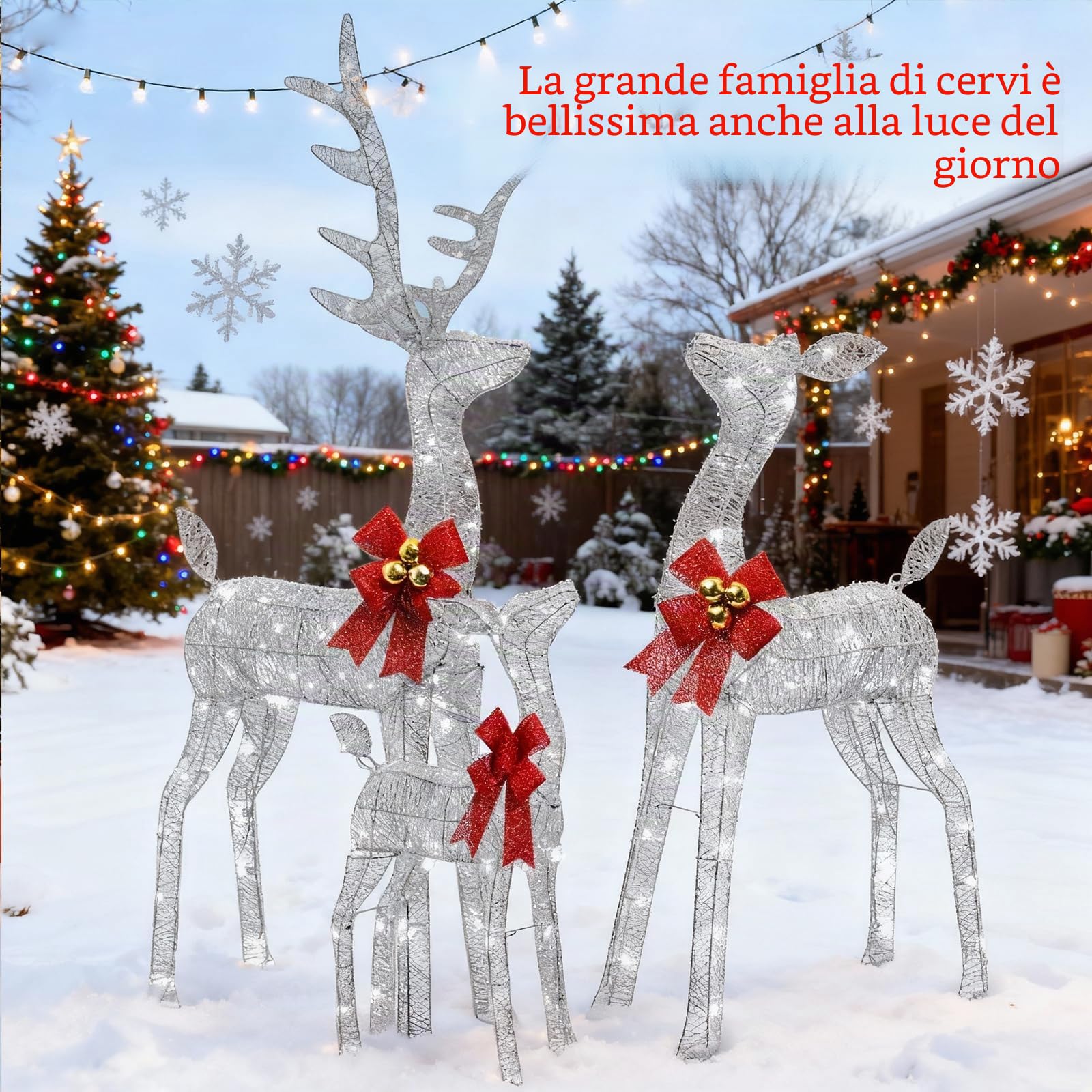 Decorazioni Natalizie da Esterno per Giardino: Famiglia di 3 Renne Luminose da Esterno, Telaio in Metallo Resistente e Impermeabile, Figure Natalizie LED XXL per Esterno Interno Giardino Balcone