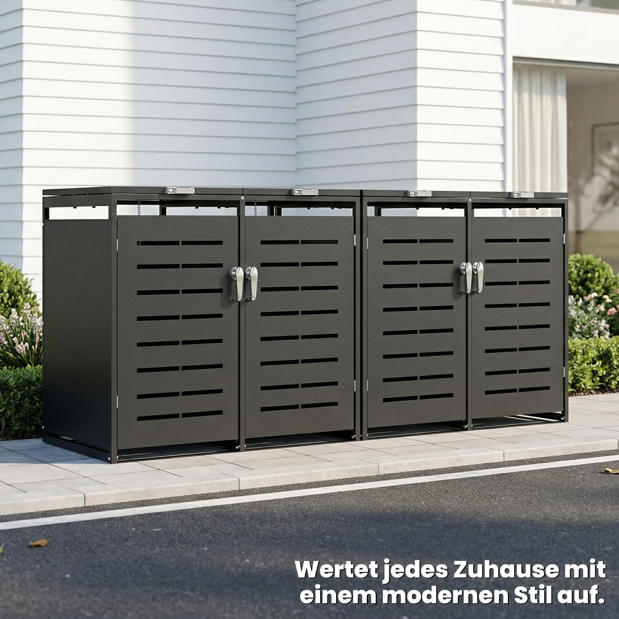 Mülltonnenbox 4er 240L Verzinkter Stahl, Wetterfeste Mülltonnenverkleidung mit Gasdruckfedern & Müll-Aufkleber, Anthrazit (Lieferung: 4 Pakete, 2X A+2X B)