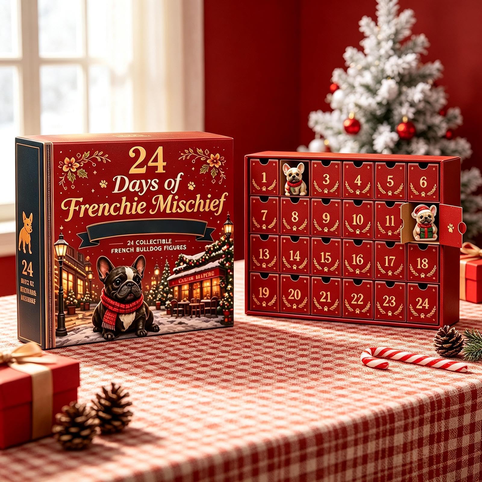 Calendario natalizio per conto alla rovescia dell'Avvento 2D piatto Bulldog