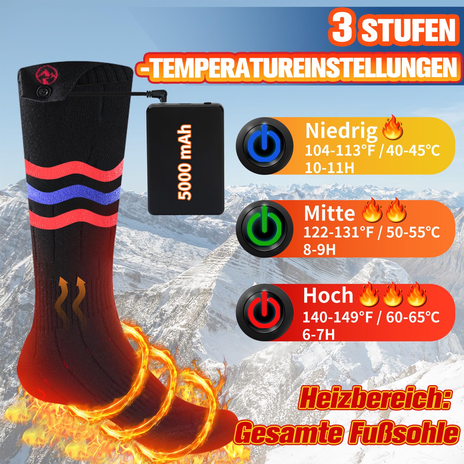 Multper Beheizbare Socken Damen Herren, 5V 5000mAh Wiederaufladbare Heizsocken, 3 Heizstufen Beheizte Socken, Fußwärmer Warme Socken für Outdoor Skifahren Radfahren Winter Camping Wandern