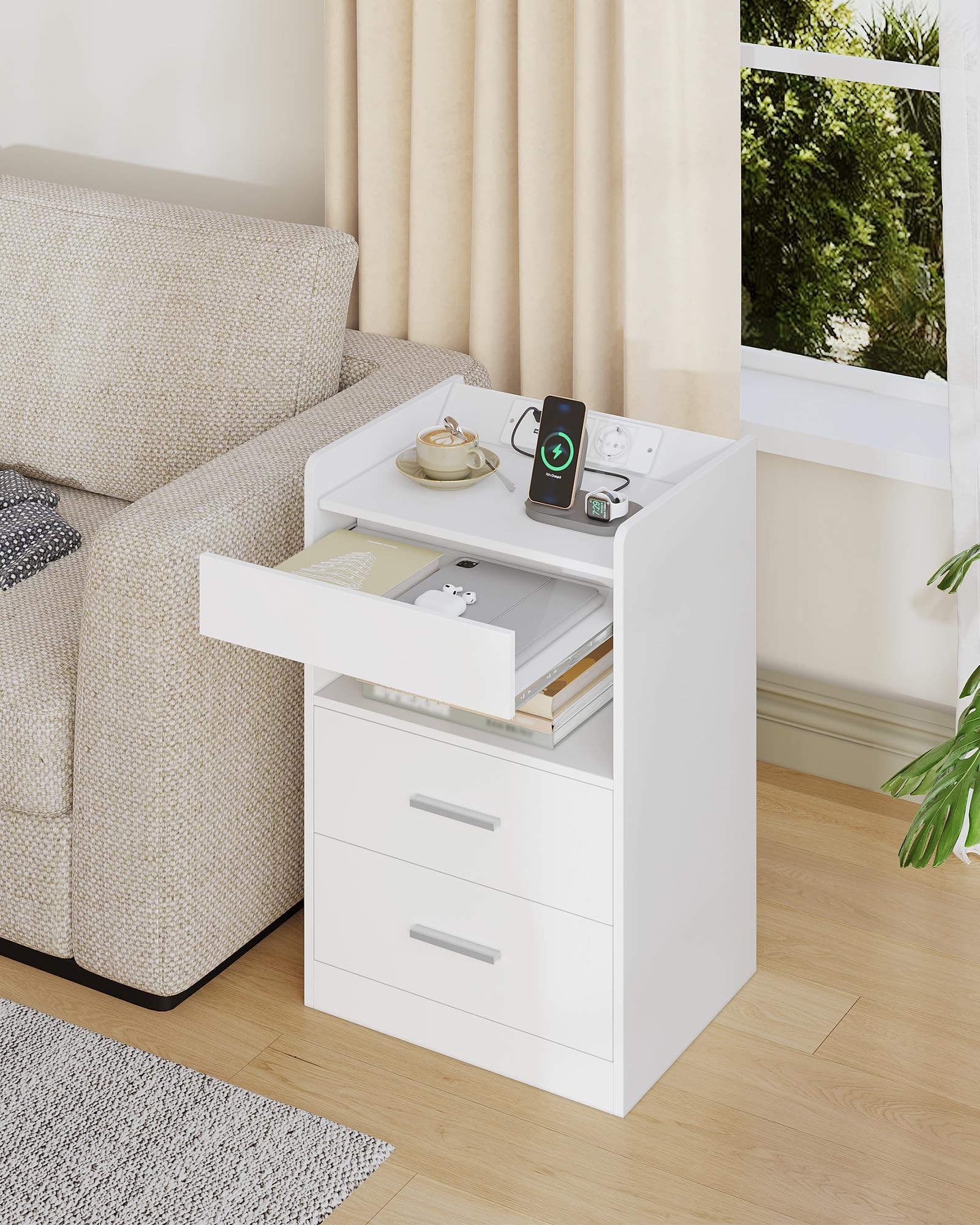 Hzuaneri Comodino Set di 2, Comodini Camera da Letto con Luce LED e Stazione di Ricarica, 2 Cassetti, Tavolino con vassoio, 35 x 40 x 60 cm, Soggiorno, Bianco NS33603XEU