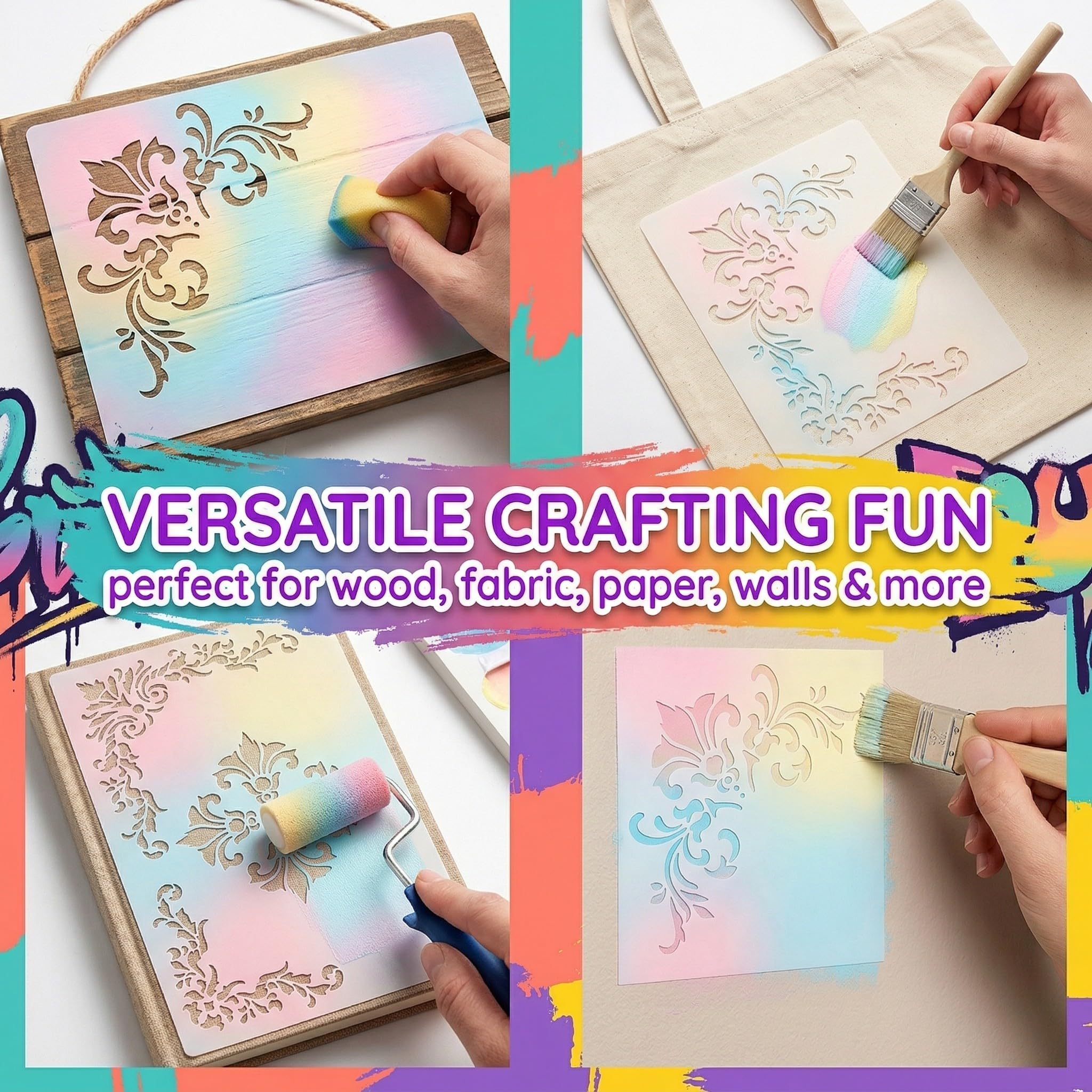 URYVAIW Stencil Ornamenti, Set da 6, Stencil Riutilizzabili in PET, per Mobili, Pareti & DIY, Motivi di Fiori & Angoli, 16x24cm & 12x18cm - 5