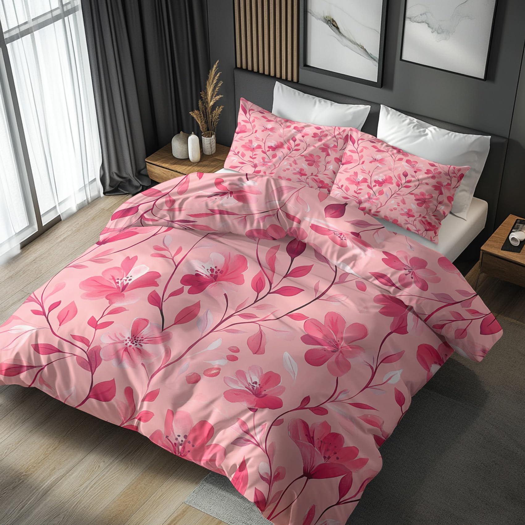 Super King Size Duvet Cover Sets, Pink Floral Duvet Cover & 2 Pillowcases, 3 Piece Modern Botanical Flower Reversible Bedding for Bedroom Decor, Ultra Soft Microfiber, with Zip -b336