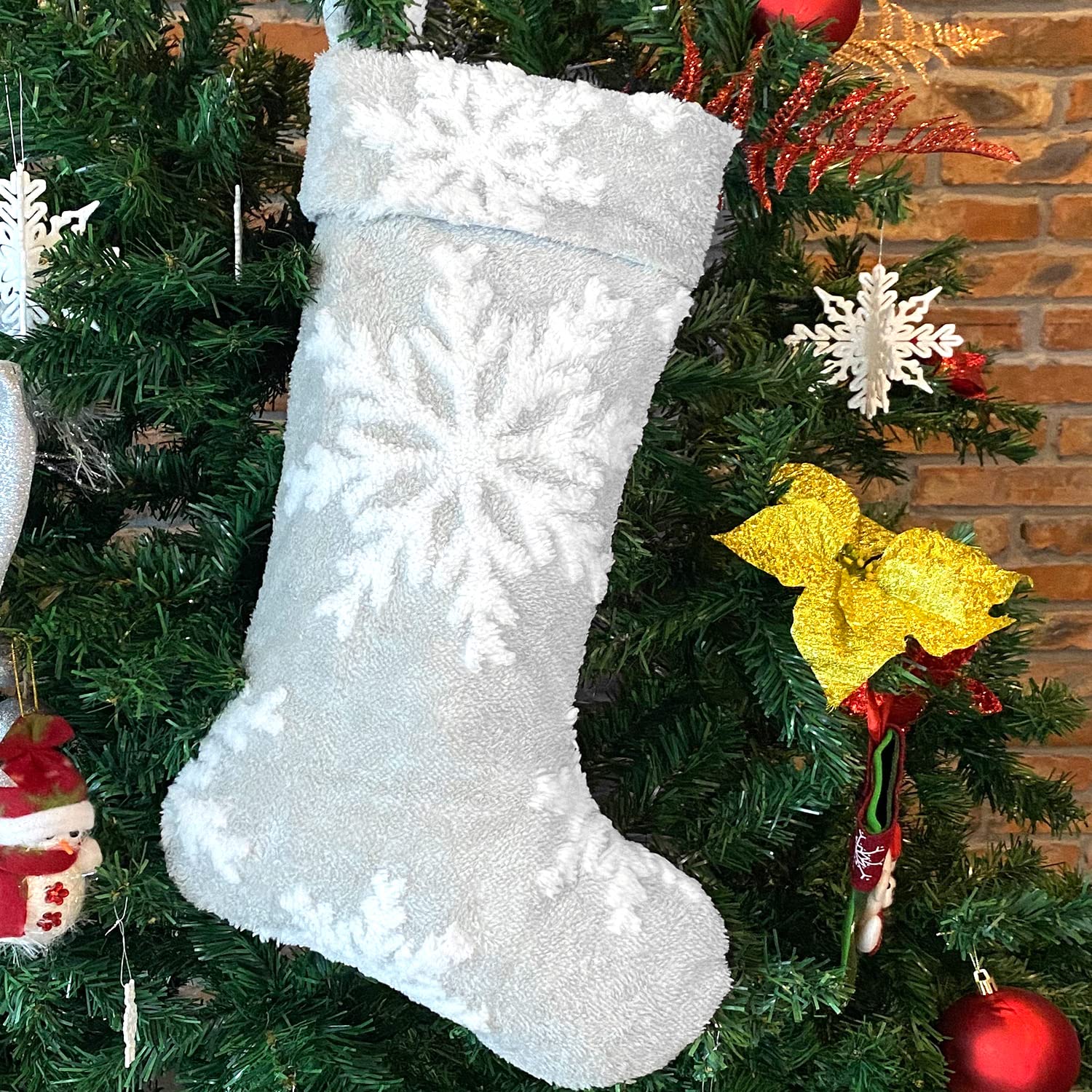 24" Grey Big Snowflake Christmas stocking,Christmas decorations stocking,Used For Christmas Tree Gift Box Mantel Decoration Party Christmas (Grey White)