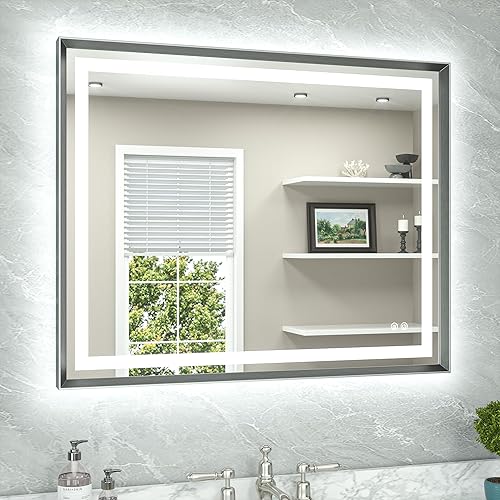 Miniatura 82 de TETOTE Espejo LED de baño de 24 x 32 pulgadas, marco de metal dorado cepillado frontal y retroiluminado, espejo de tocador antiniebla, regulable Oro