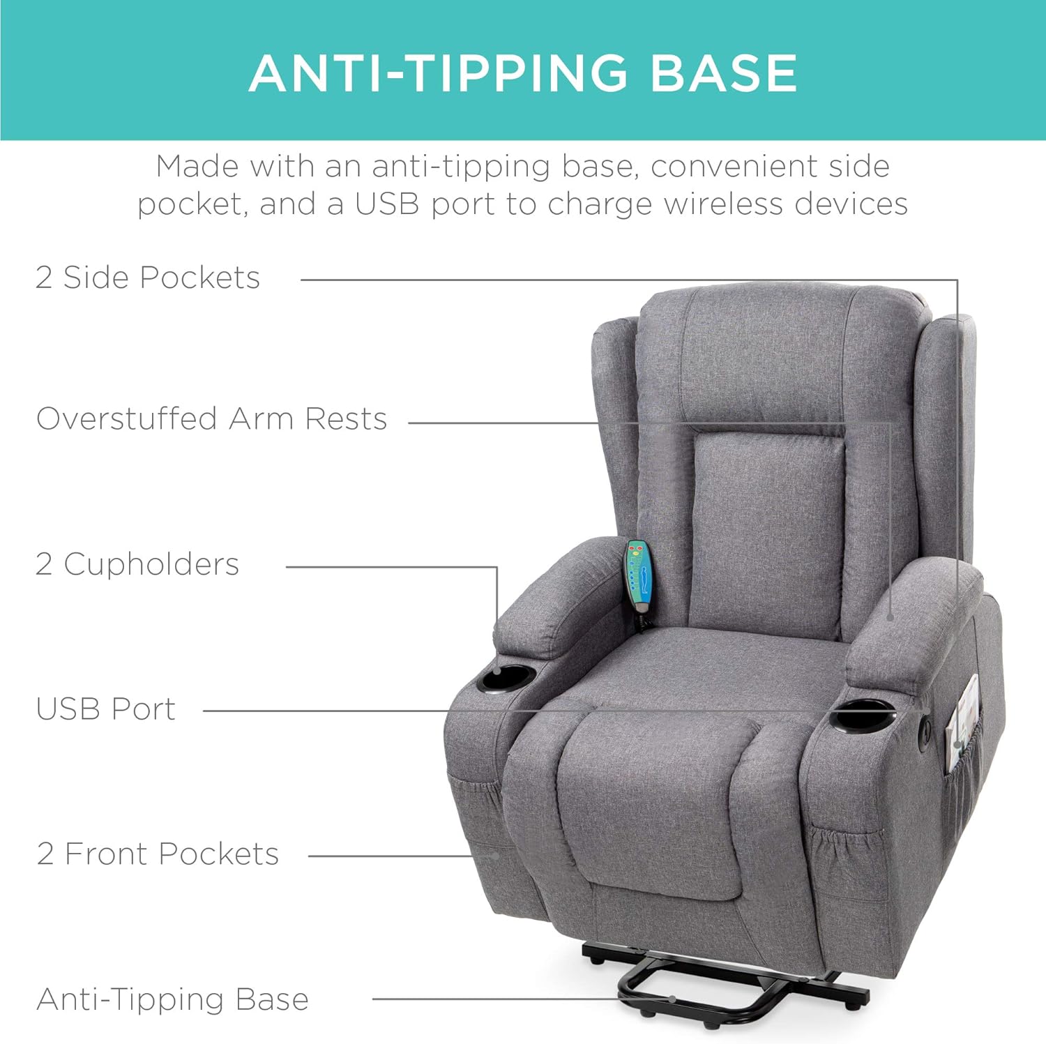 Gray Linen Electric Power Lift Recliner with Massage and Heat