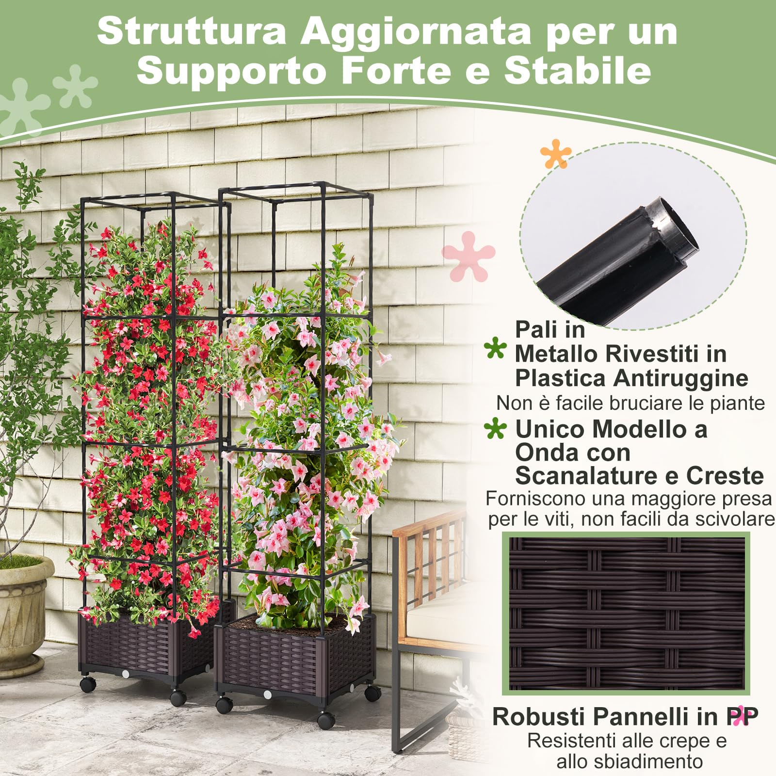 COSTWAY Fioriera con Grigliato e Auto-irrigazione per Piante Rampicanti | Letto Rialzato con Spalliera in Tubo Acciaio Rivestito in Plastica, Altezza Regolabile e Ruote da Interno ed Esterno