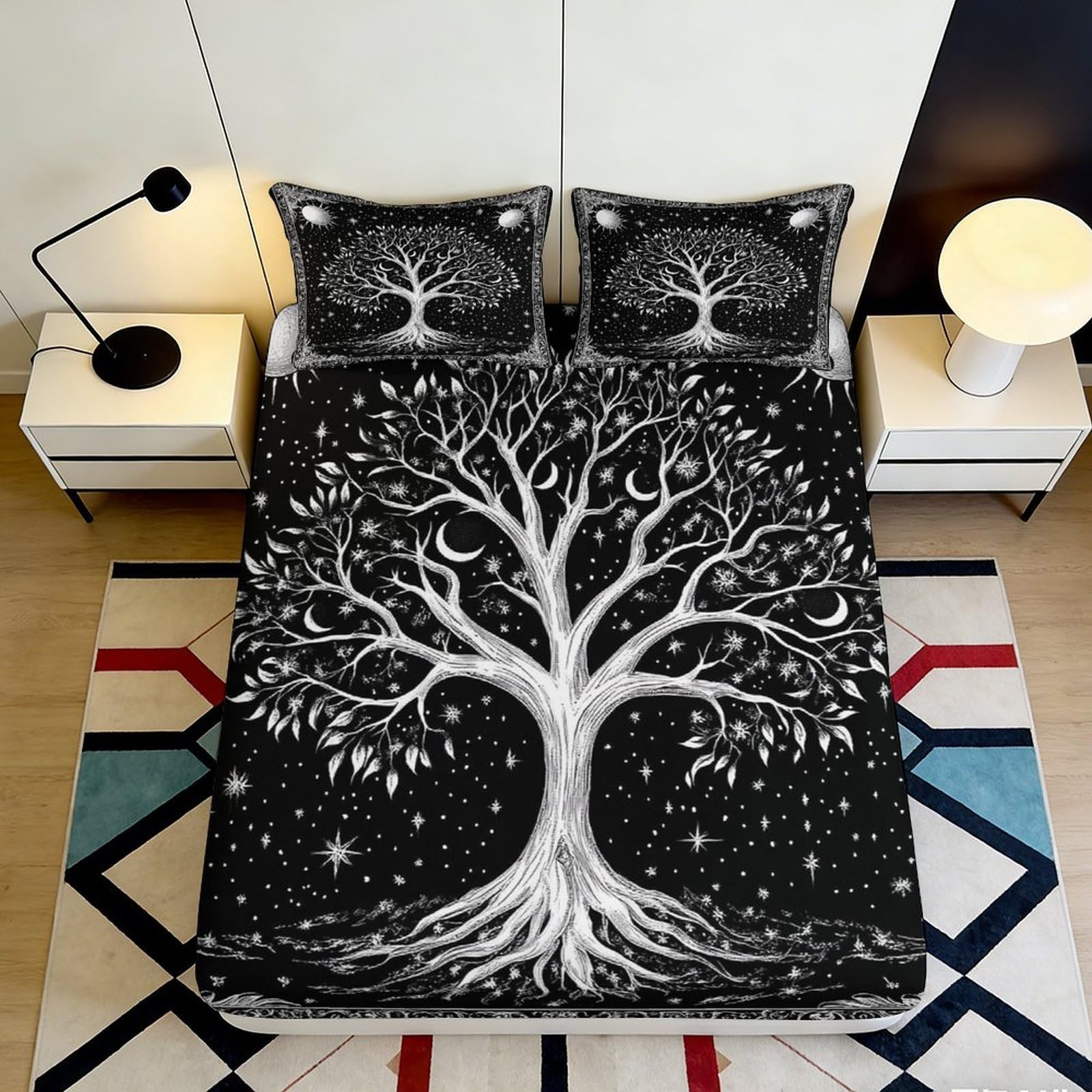 3D Printed Starry Night Tree Fitted Sheet Microfiber Black White Moon Mattress Cover Anti-Slip Machine Washable for Bedroom Guestroom Decor 90x200x25cm