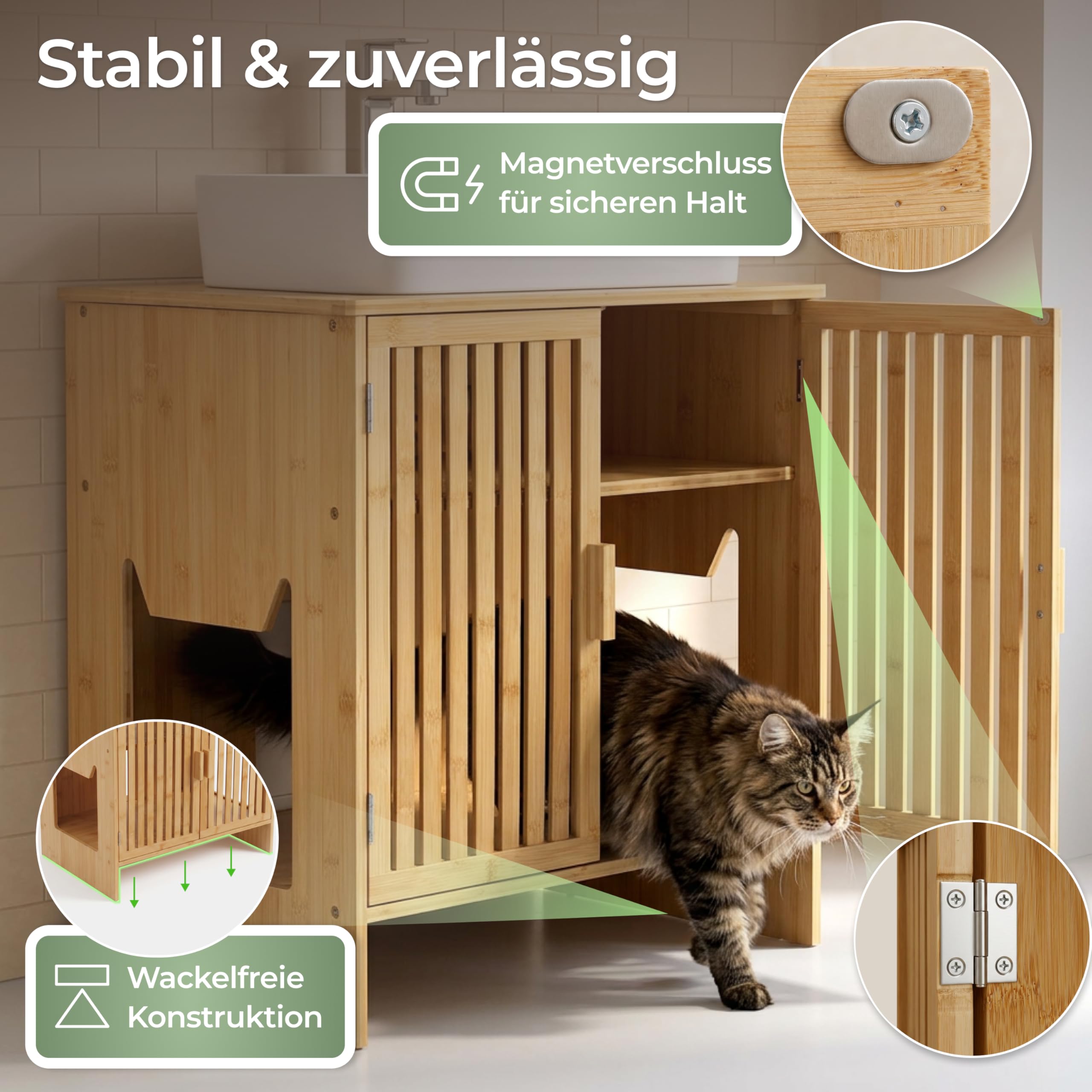 WOOWOOD Katzenklo Waschbeckenunterschrank aus Bambus - Extrem Feuchteresistent - Katzenklo Schrank - Badezimmer Unterschrank - Katzenschrank, Katzentoilette Schrank, Katzenmöbel, 60×44×60 cm