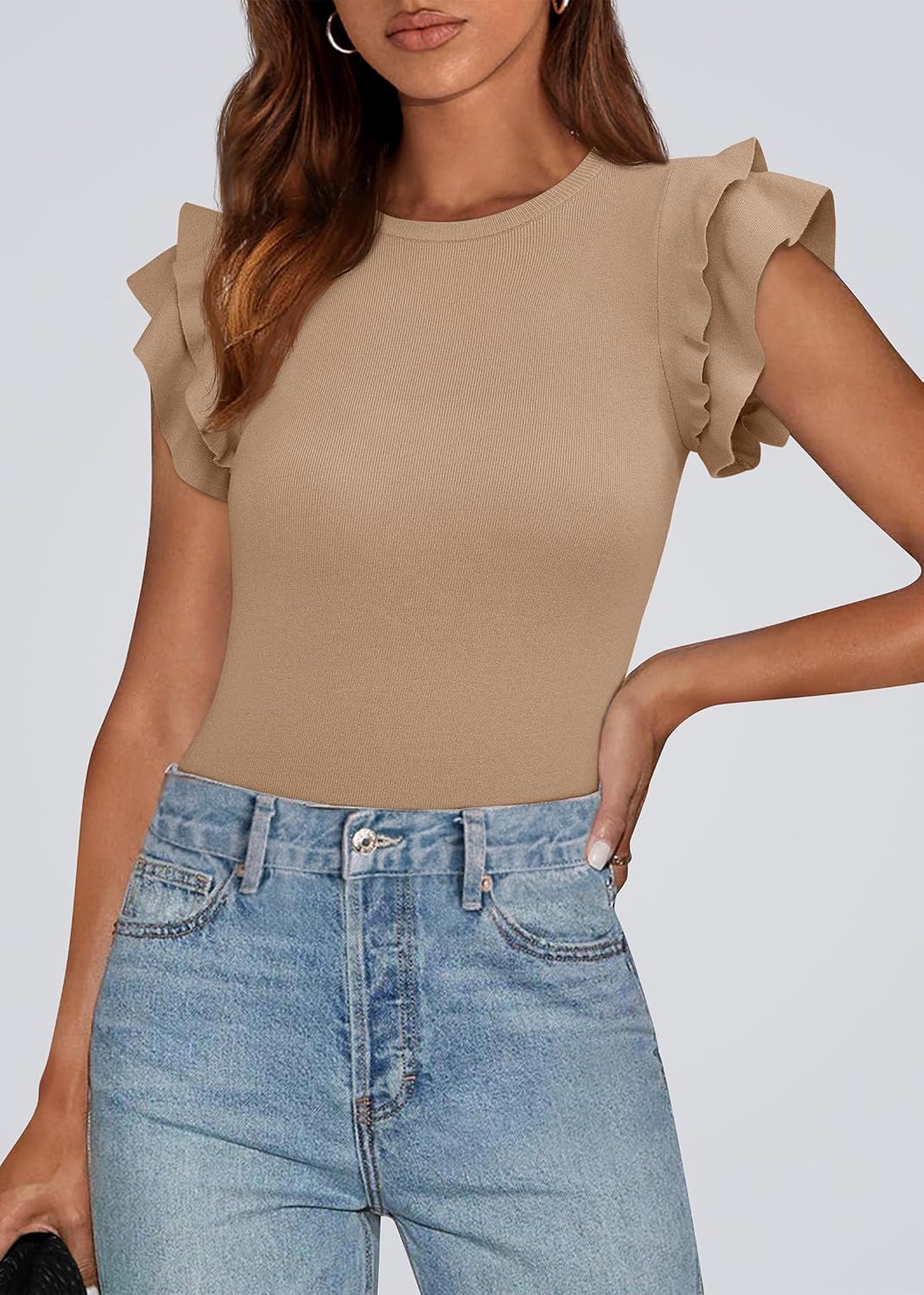 KIRUNDO Summer Sweaters for Women Lightweight 2025 Fall Ruffle Short Sleeve Business Casual Tops Slim Soft Knit T Shirts - Image 3