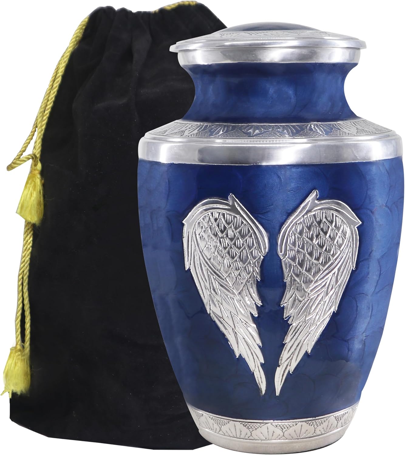 M MEILINXU Urns for Human Ashes Adult Man & Women, Cremation Urn for Ashes Adult Male & Female, Burial Urn, Decorative Urns for Funeral, Silver Engraved Angel Wings, Dark Blue and Silvery - Large