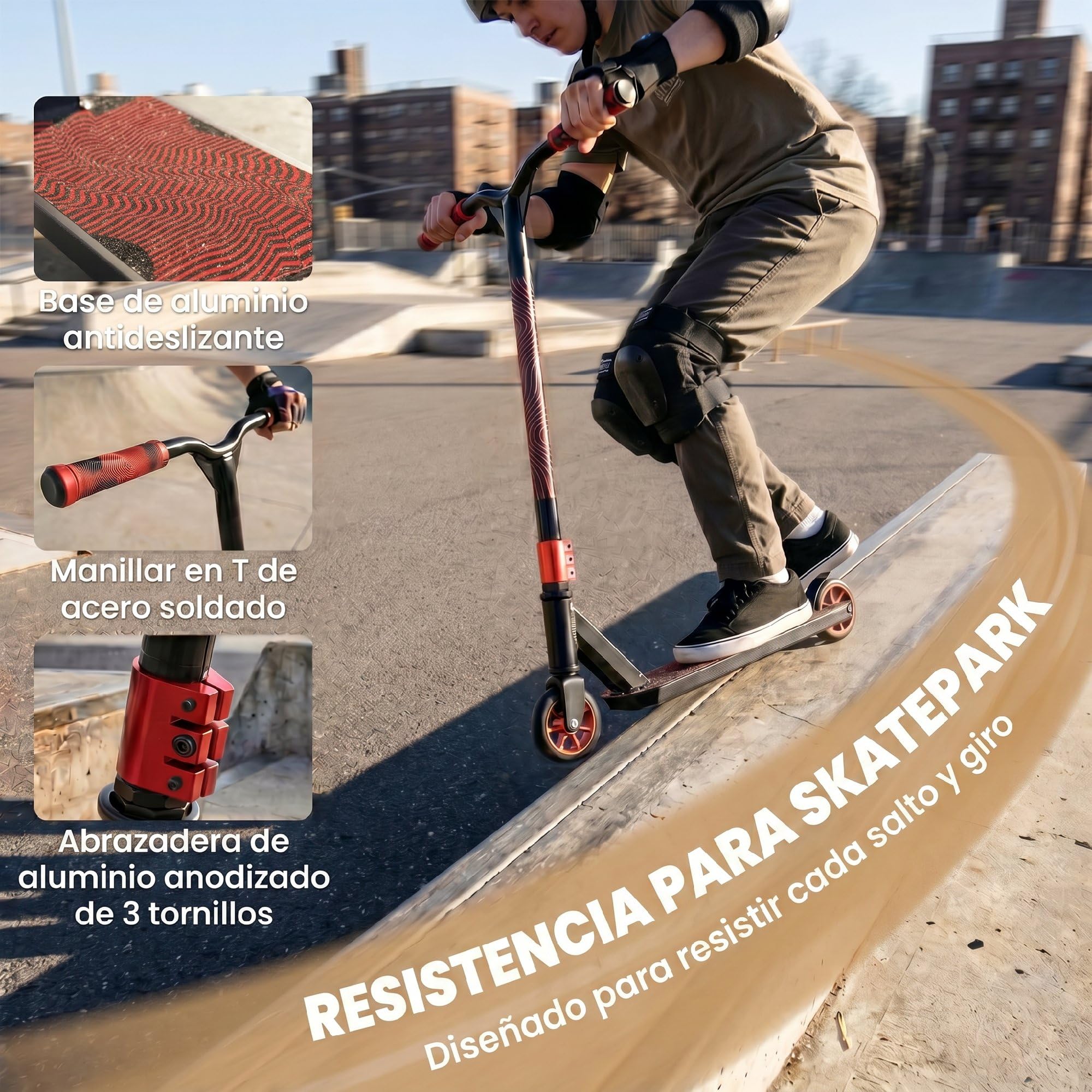 SPORTNOW Scooter Acrobático Freestyle Manillar 360° ABEC-9 Adultos Rojo | Ruedas de PU de 120 mm, Marco de Aluminio Acero, Antideslizante, Adolescentes, Skatepark