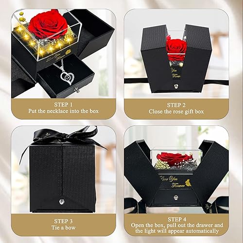 Miniatura 3 de Rosa real preservada, flores eternas, rosa para el día de la madre, para mamá, mujer, esposa, novia, en cumpleaños, San Valentín, con collar "I Love