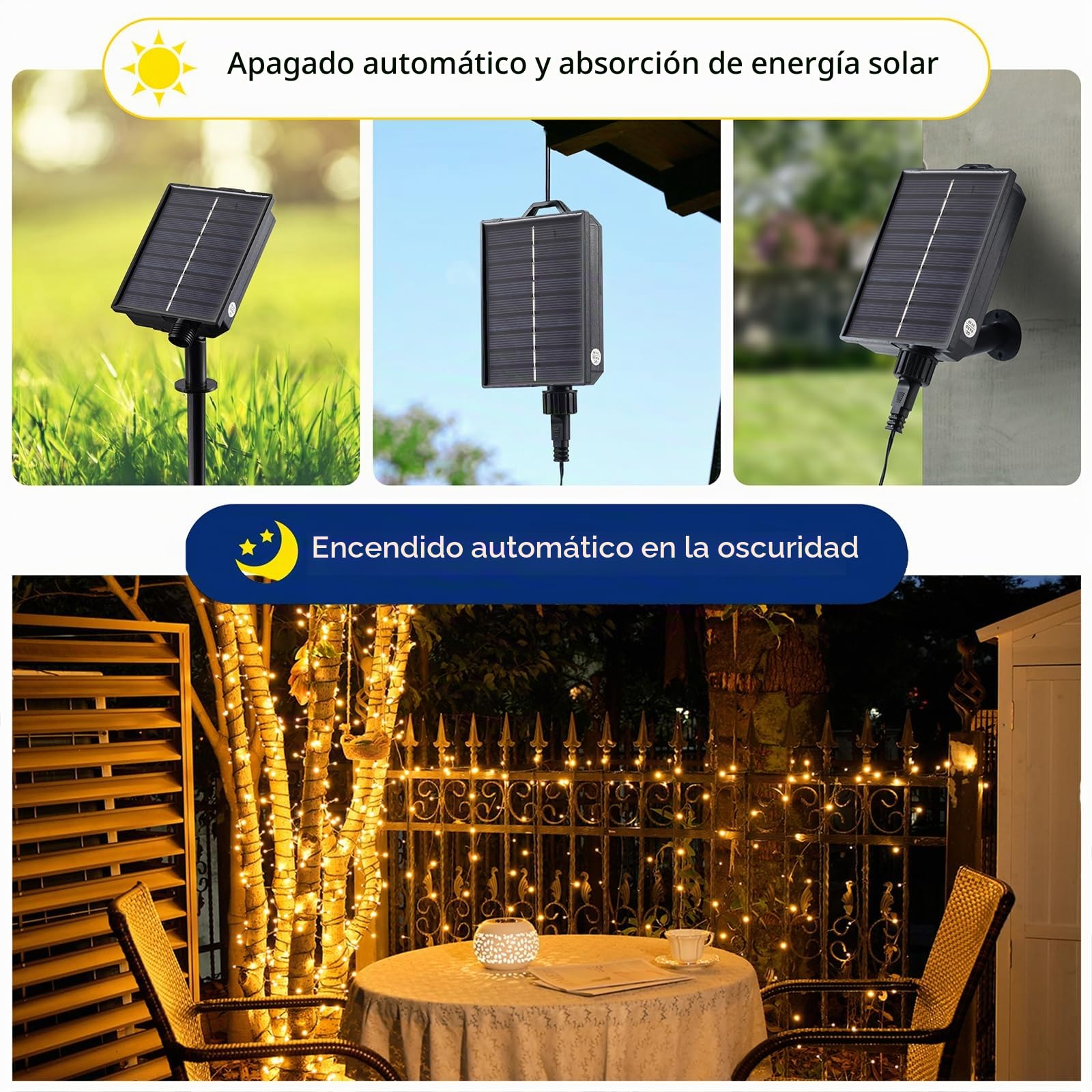 Tacobey Guirnalda Luces Exterior Solar, 【Carga USB】 20M 200 led Cadena de Luces, 8 Modos, Impermeable, Luz Solar Exteriors para Jardín, Terraza, Patio Decoración (Blanco Cálido)
