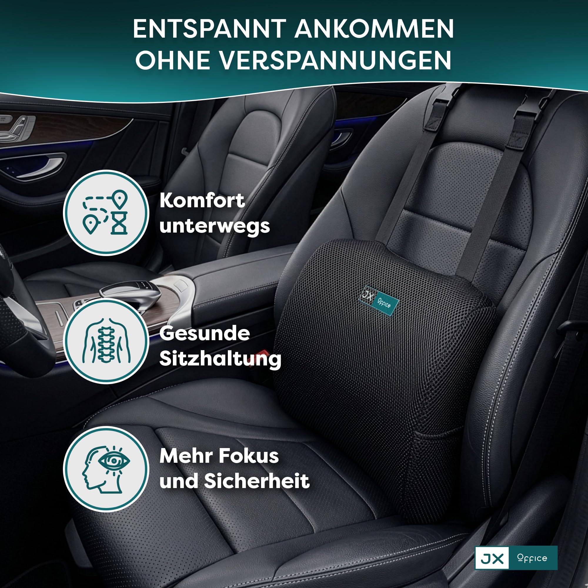 Rückenkissen – Ergonomische Lordosenstütze aus Memory Foam – Für mehr Sitzkomfort zuhause, im Büro & unterwegs –Schwarz- Auto Version