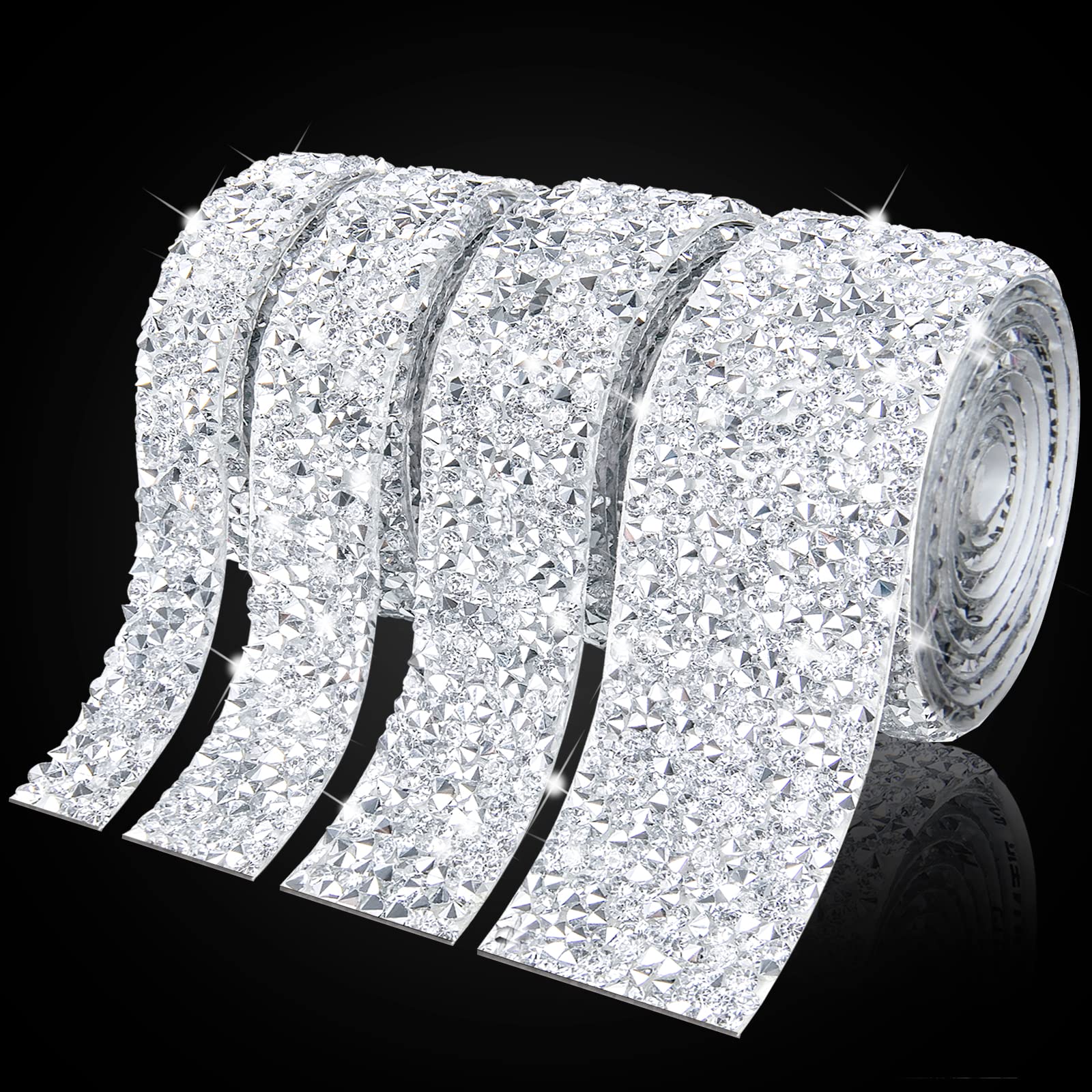 Crystal Rhinestone Ribbon Self Adhesive - 4 Rolls Bling Ribbon Diamond Ribbon Rhinestone Tape, Diamond Ribbon Bling Wrap for Craft, Clothes, Bottle, Cake, Phone, Birthday, Wedding Decoration (Sliver)