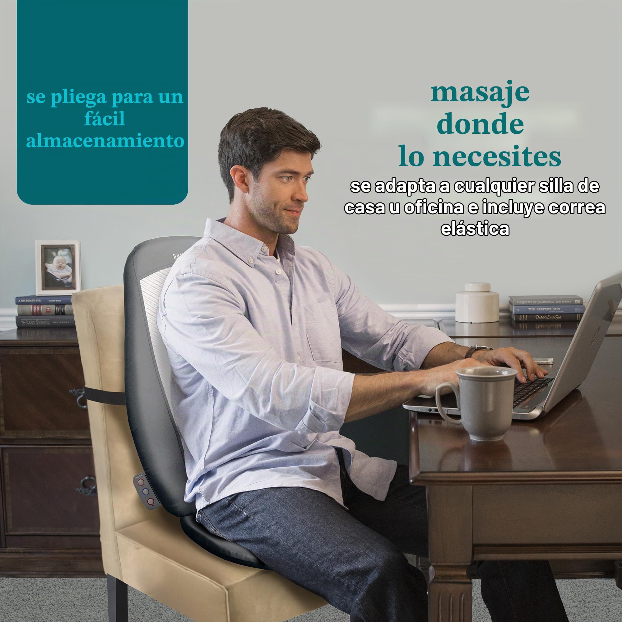 Homedics Shiatsu Asiento Masajeador Eléctrico para Espalda y Hombros, Gris | Silla Ajustable para el Hogar y Oficina, Calor Relajante, 3 Zonas Regulables por Control Remoto y Vibración
