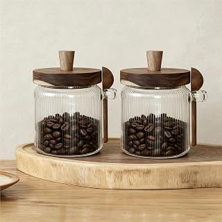 Striped Glass Food Storage Jar with Acacia Wooden Lid and Spoon (400ml (13.5 oz) – 2 Pack)