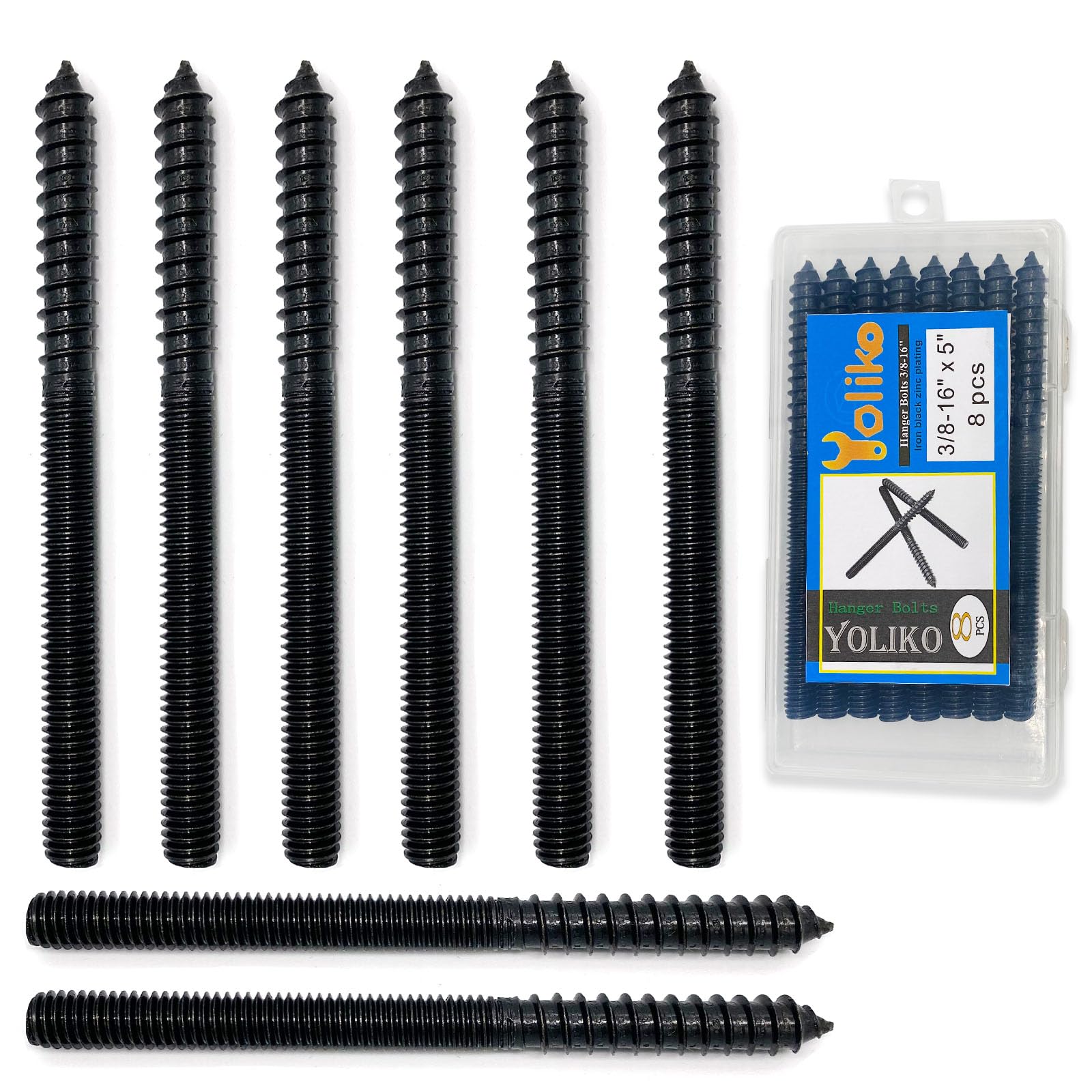 Yoliko 8 Pack 3/8-16 x 5 Inch Black Hanger Bolts 3/8-16" Double Headed Bolts 3/8 Wood Dowel Screw Self-Tapping Screw Hanger Bolts for Furniture Screws