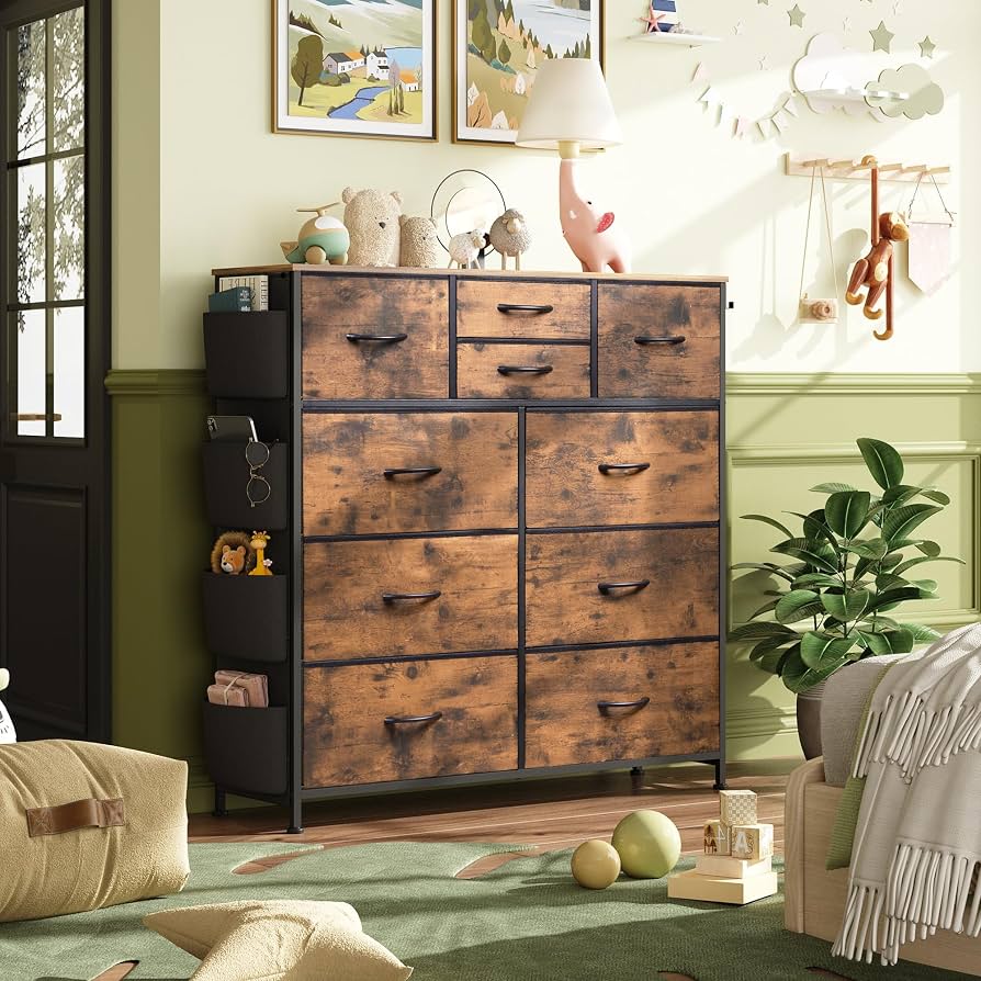 fabric drawer dresser WLIVE for Bedroom with 10 Drawers, Chest of Drawers with Side Pockets and Hooks, Sturdy Metal Frame, Drawers Organizer Unit for Living Room, Hallway, Rustic Brown Wood Grain Print The durable manufactured wood top and robust metal frame ensure stable support for your entertainment setup JVNOXK White 6-Drawer Dresser with