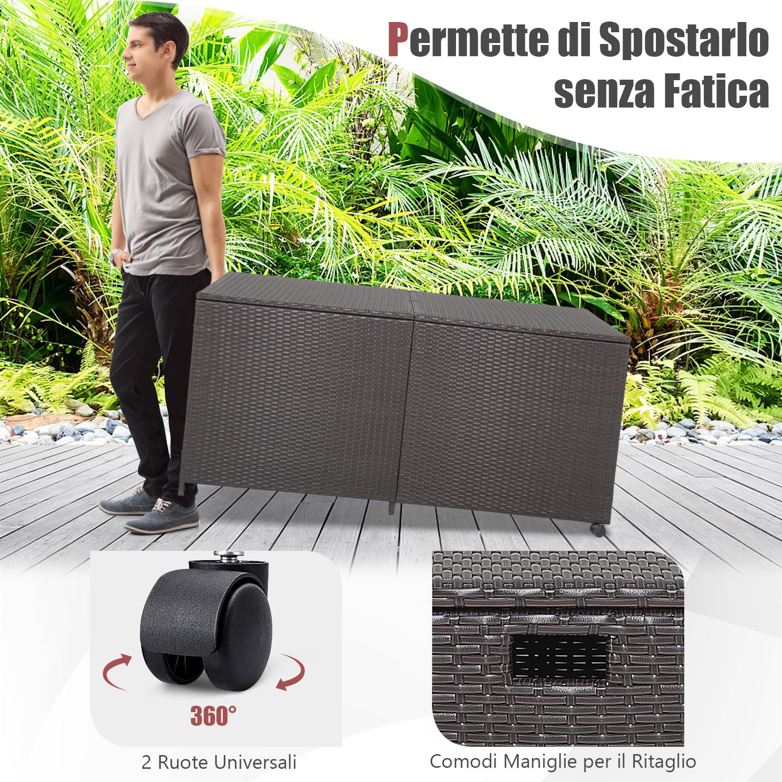 GYMAX Cassapanca per Terrazze da 662 L, Contenitore con Coperchio per Esterni in Vimini Misto, Baule da Giardino con Cerniera, 2 Ruote e Asta Pneumatica, 150 x 77 x 73 cm