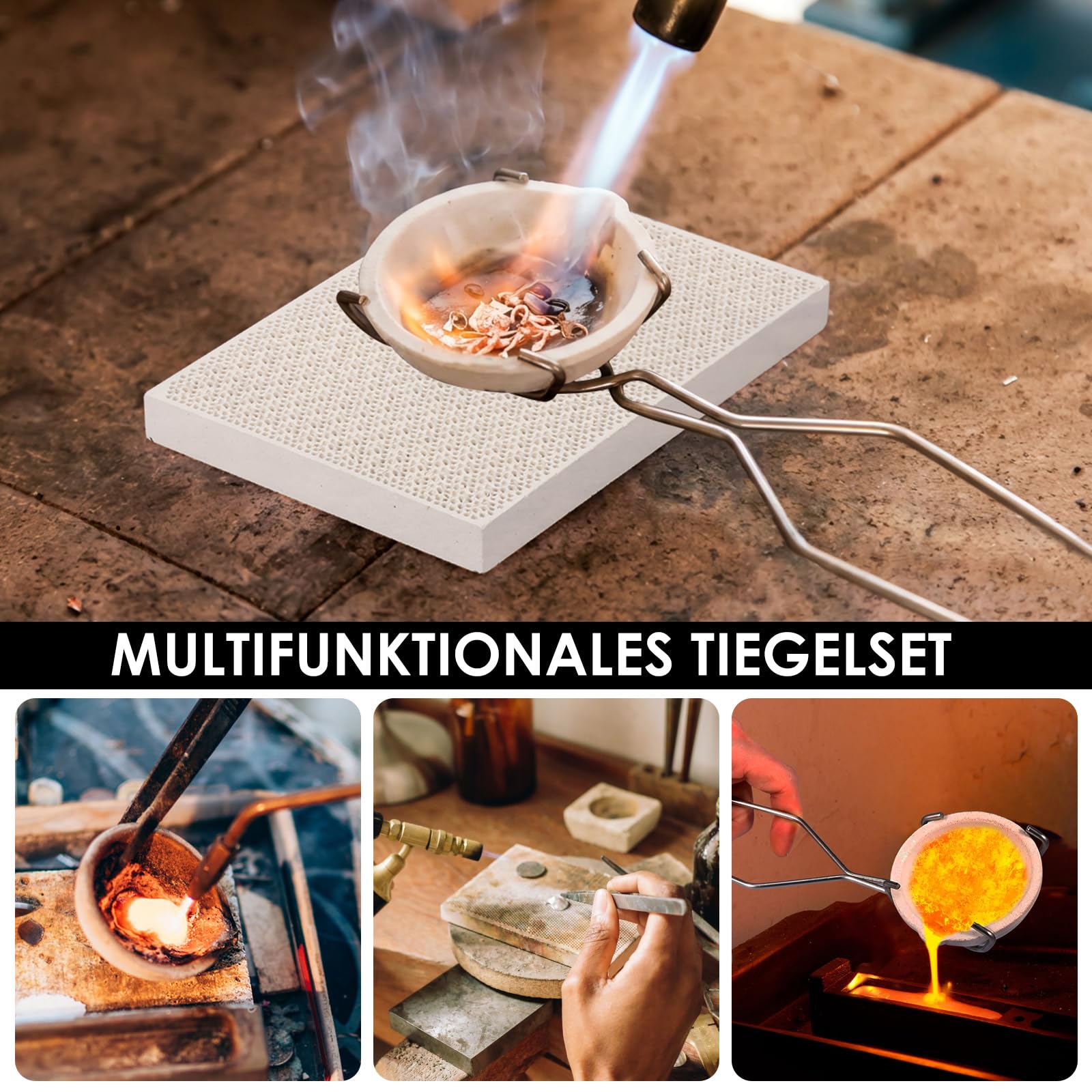Set di 12 pezzi di fusione, crogiolo, alta resistenza al calore, 3 piccoli e 3 grandi crogioli al quarzo in ceramica, 3 pinze, 2 pinzette e 1 cuscinetto a nido d'ape, set di fusione in metallo per