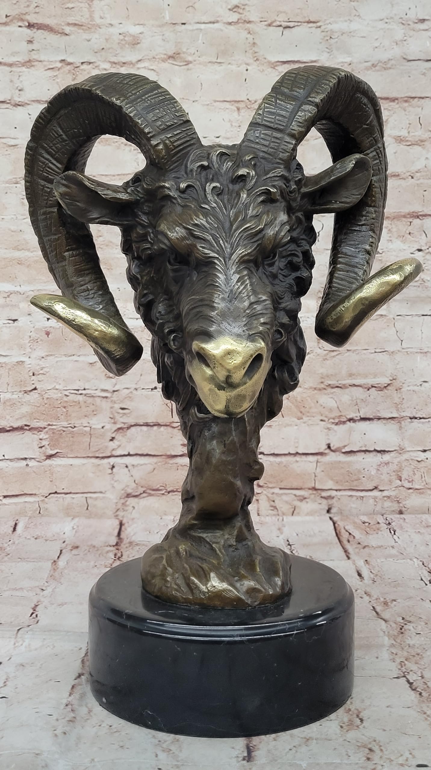 Handcrafted Art Deco Desk Top Rams Head Bronze Sculpture Close Out Deal Statue Handmade Art for Home Office by Finery Bronze