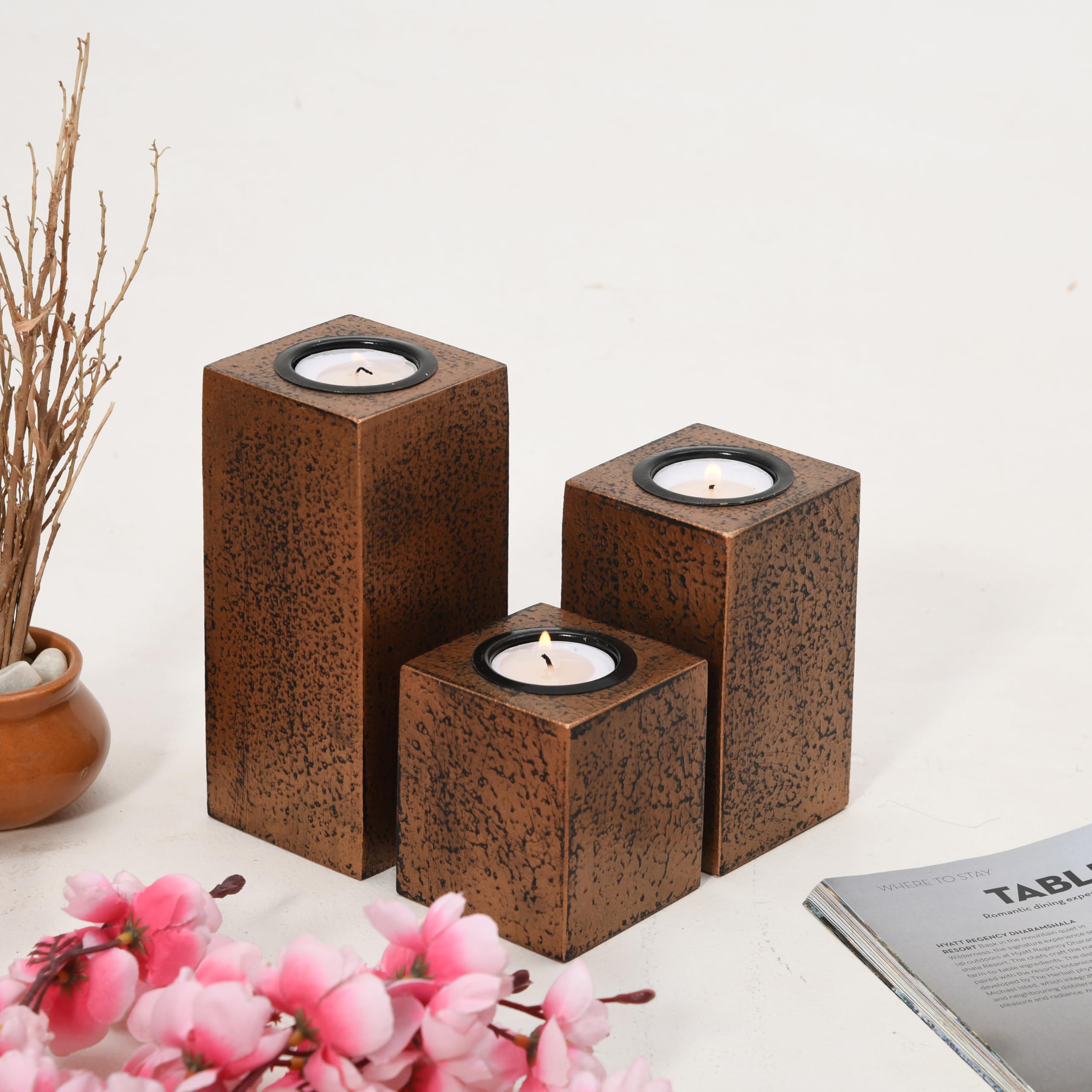 CRAFT MITRA Rustic Wooden Finish Table Tea Light Candle Holders | Multicolor | Handpainted Tealight Candle Stand | MDF Candle Holders Set | Home Decor Tealight Candle Holder Set of 3 (Brown)