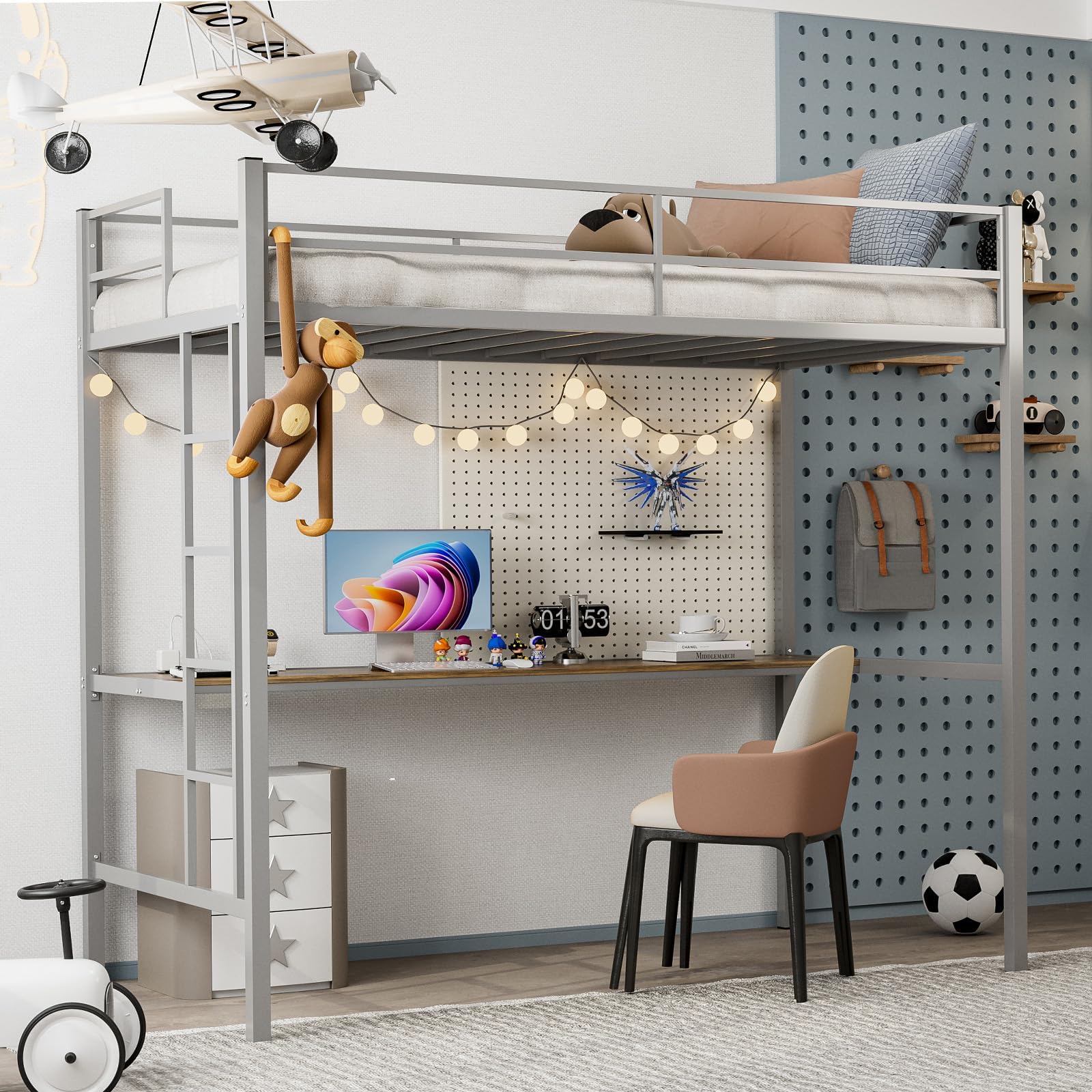 IKIFLY Metal Twin Size Loft Bed with Desk & Charging Station, Heavy Duty Loft Bed Frame with Safety Guard Rail and Ladder, Space-Saving Design, Noise Free - No Box Spring Needed - Silver Grey