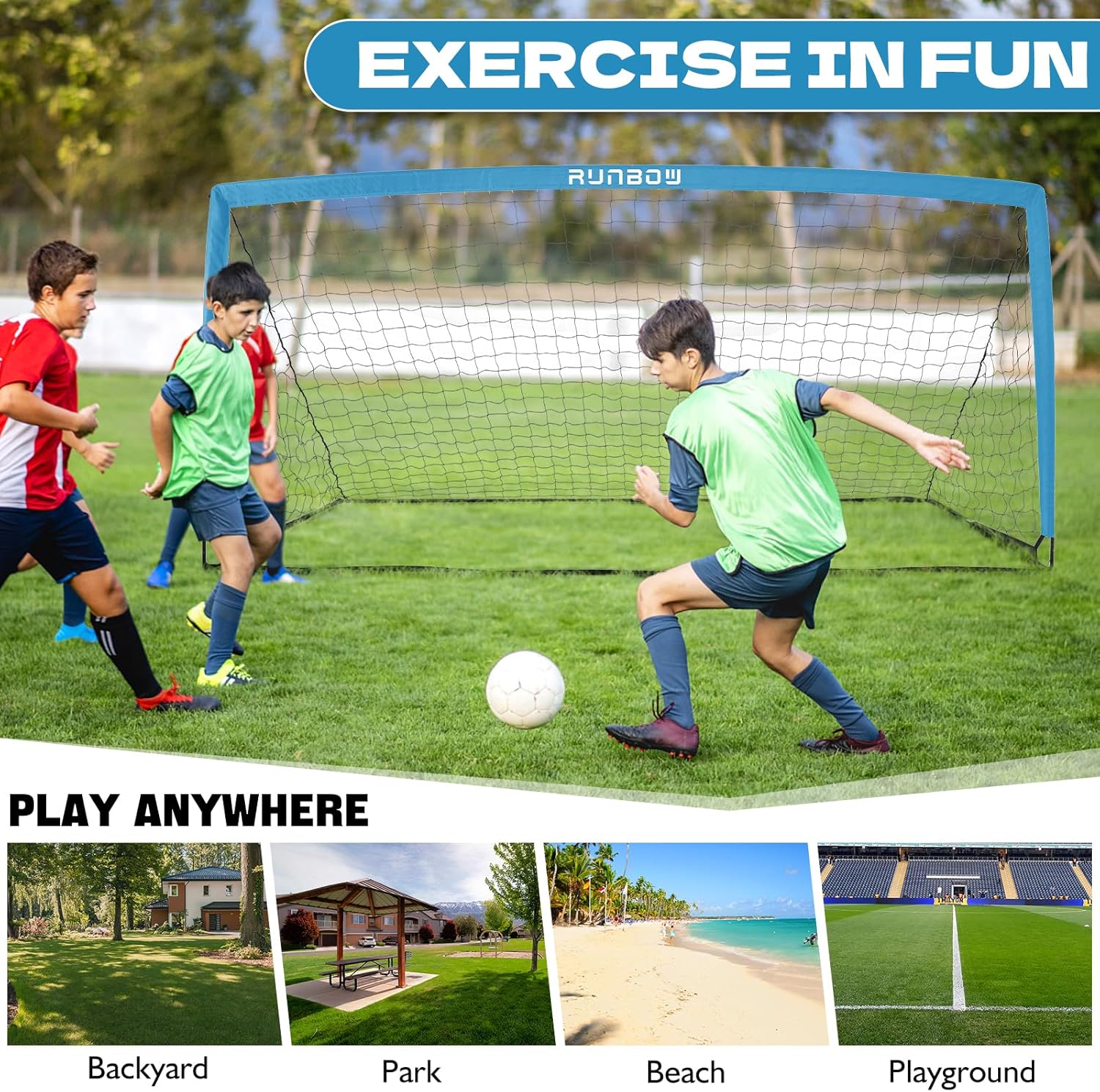 RUNBOW 11x5.5' 9x5' 6x4' FT Kids Soccer Goal with Carry Bag, Portable Folding Soccer Net for Backyard Training, Indoor/Outdoor Use for Youth and Adults