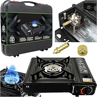 Campingkocher 2in1 Gas – Tragbarer Gaskocher mit Piezozündung, 2500 W Leistung, für Kartusche & Gasflasche, inkl. Tragekoffer & Windschutz – Outdoor, Camping, Angeln, Trekking