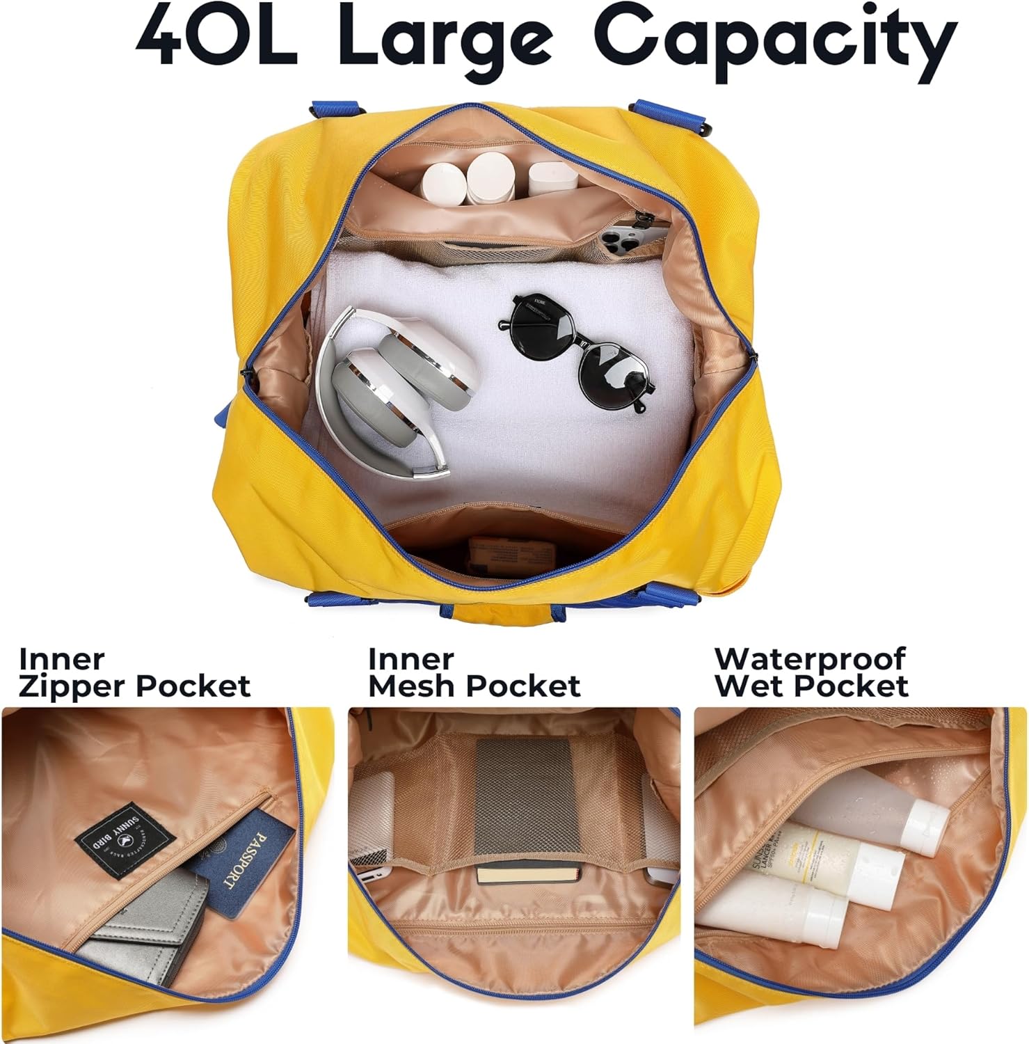 SUNNY BIRD Duffel with Utility Pouch, 40L Weekender Overnight Bag with Shoe Compartment for Travel and Sports (Yellow and blue) - Image 3