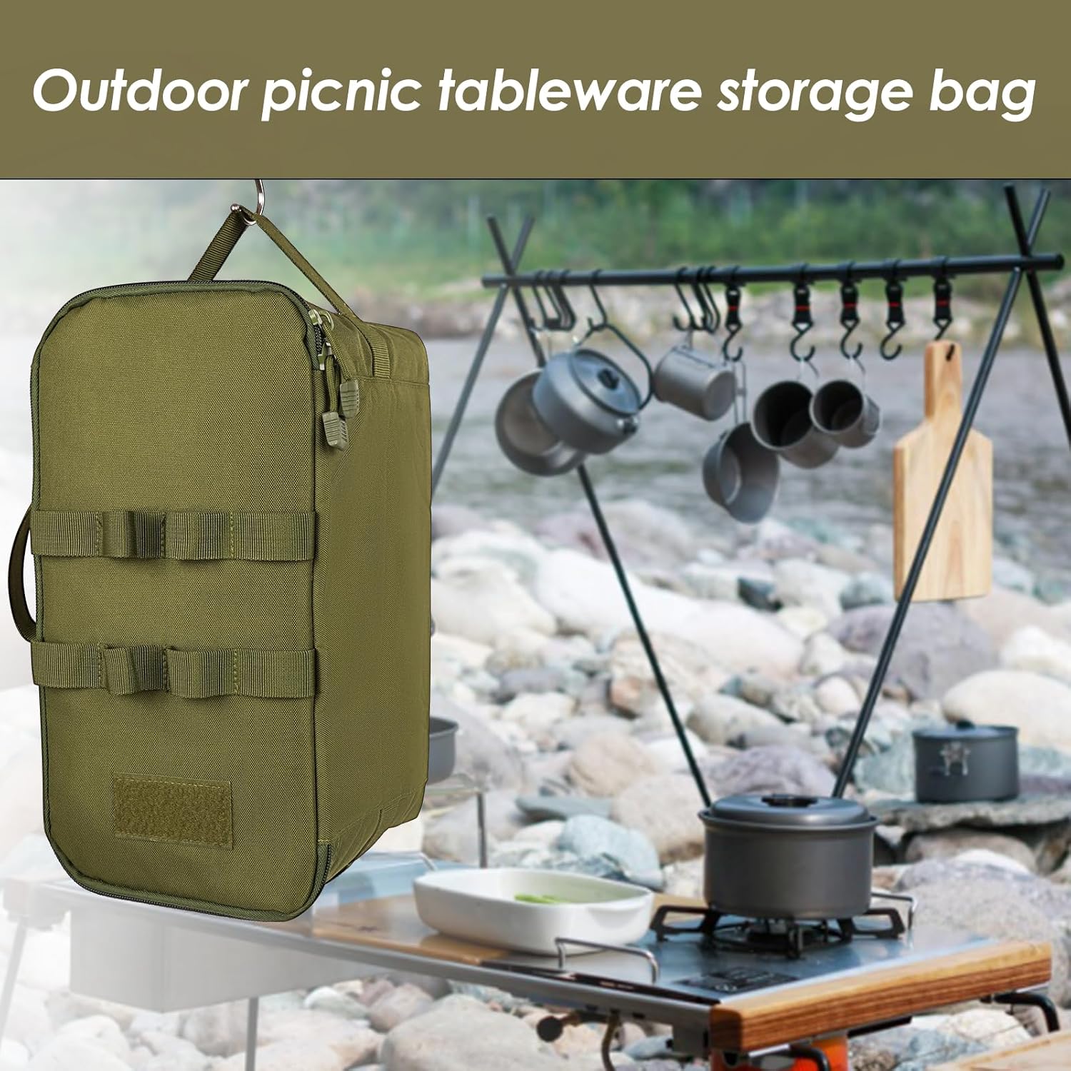 Camping Storage Bag, Utility Tote Bag for Camping Cookware Organizer, Trunk Organizer with Shoulder Strap,Outdoor Garden Tool Bag for Camping, Travel, Picnic, Garage Trunk(Army Green) - Image 4