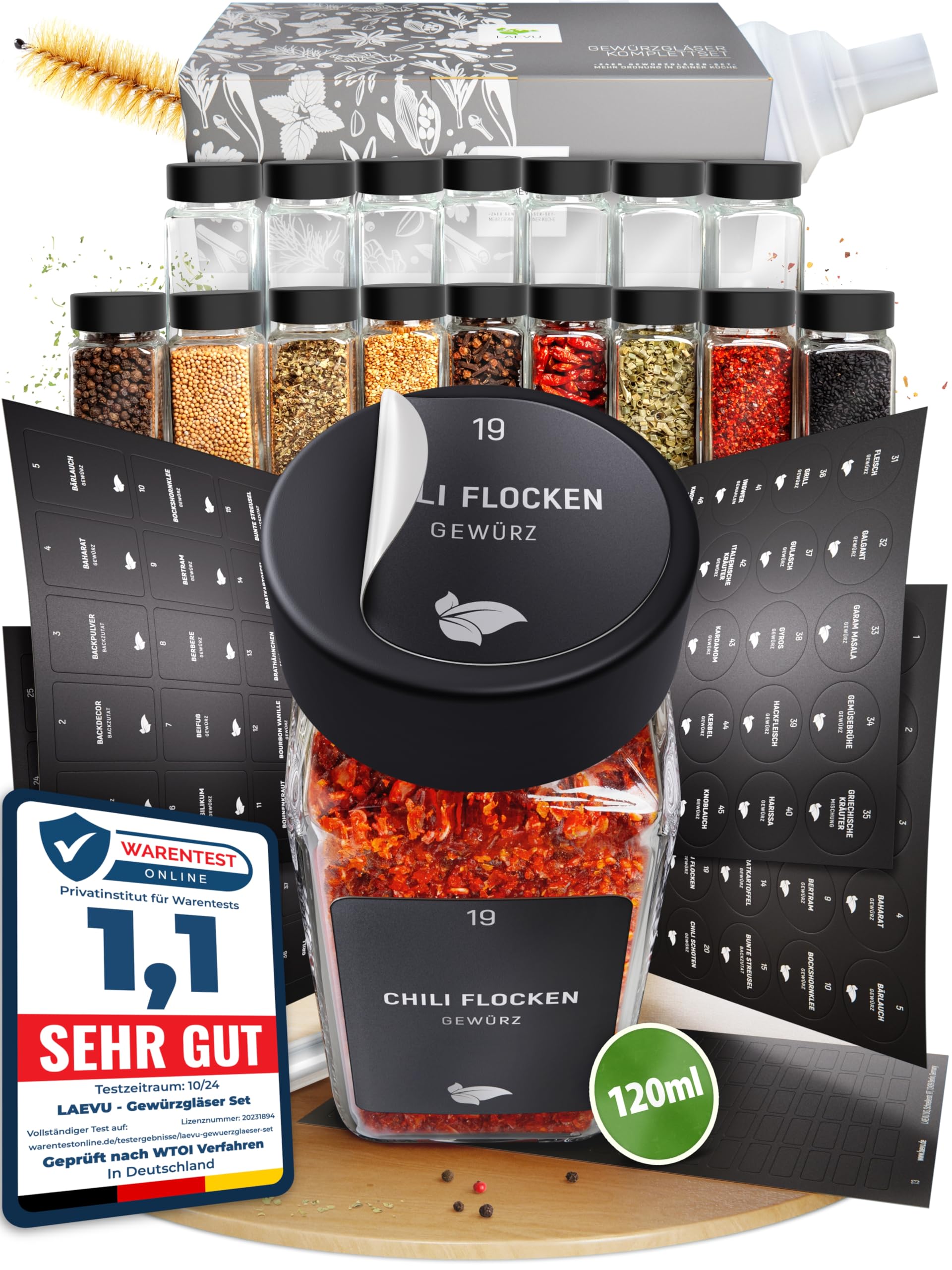 LAEVU Gewürzgläser Set Eckig | 24 Stk. 120ml - 10,5 x 4,5 cm | Gewürzstreuer Schwarz mit 350 Gewürzetiketten, 48 Streueinsätze und noch mehr | 24